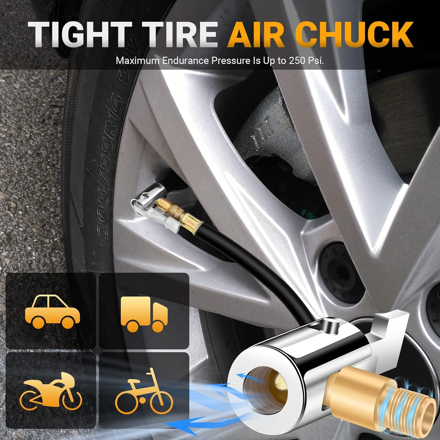 All Metal Lock on Air Chuck Tire Inflator Hose Adapter, Locking Tire Air Chuck with Standard Tire Valve Thread, No Air Leakage Tire Inflating Hose End for Portable Tire Pump/Air Compressor image number 4