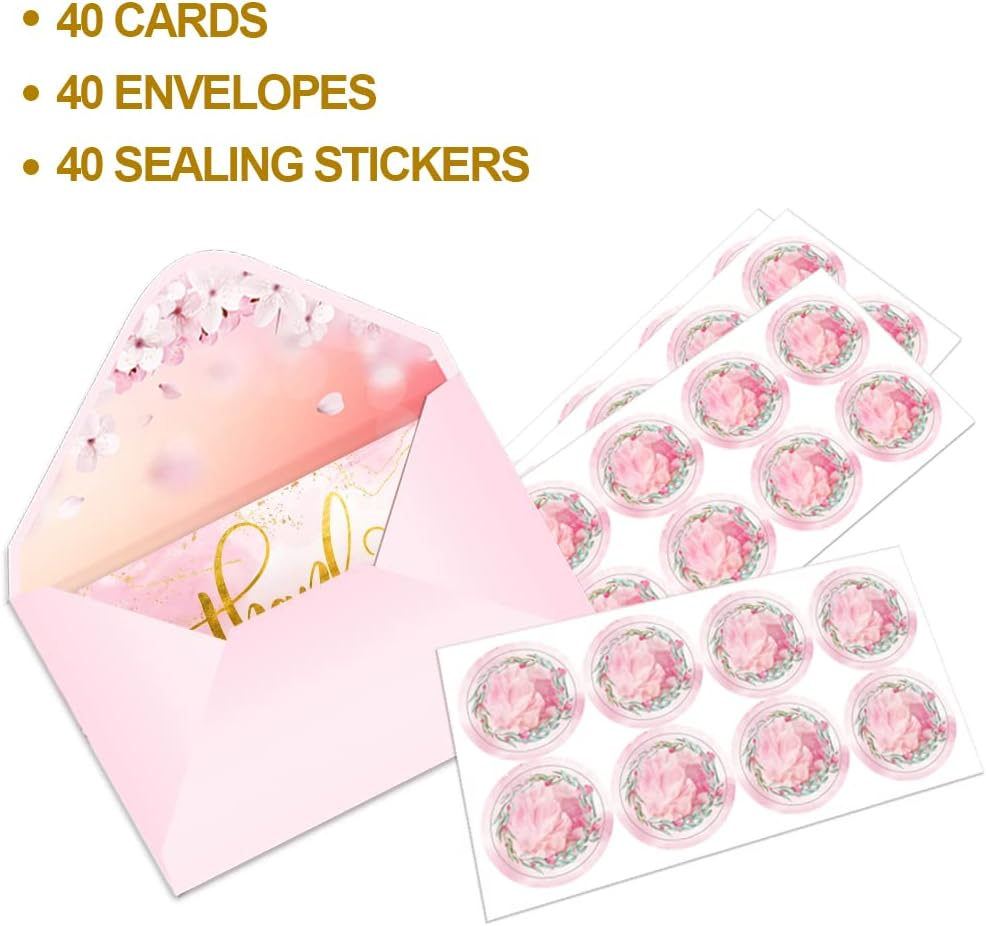 40 Marble Thank You Cards with Envelopes | Gratitude Thank You Cards Bulk | Pink and Gold Foil Thank You Notes Perfect for Girl&rsquo;S Baby Shower, Wedding & Bridal Showers | Pink Envelopes & Floral Stickers Included - Gold,Pink image number 6