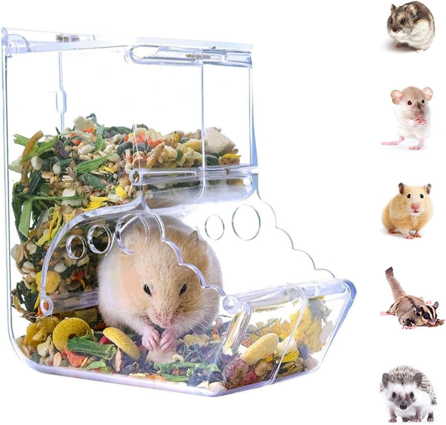 SUSOO 400ML Hamster Food Bowl with Leak Proof Automatic Feeding Function for Small Animals Cage Accessories,Acrylic Auto Storage Food Dish Dispenser for Dwarf,Guinea Pig,Hedgehog,Rabbit,Parrot Birds image number 3