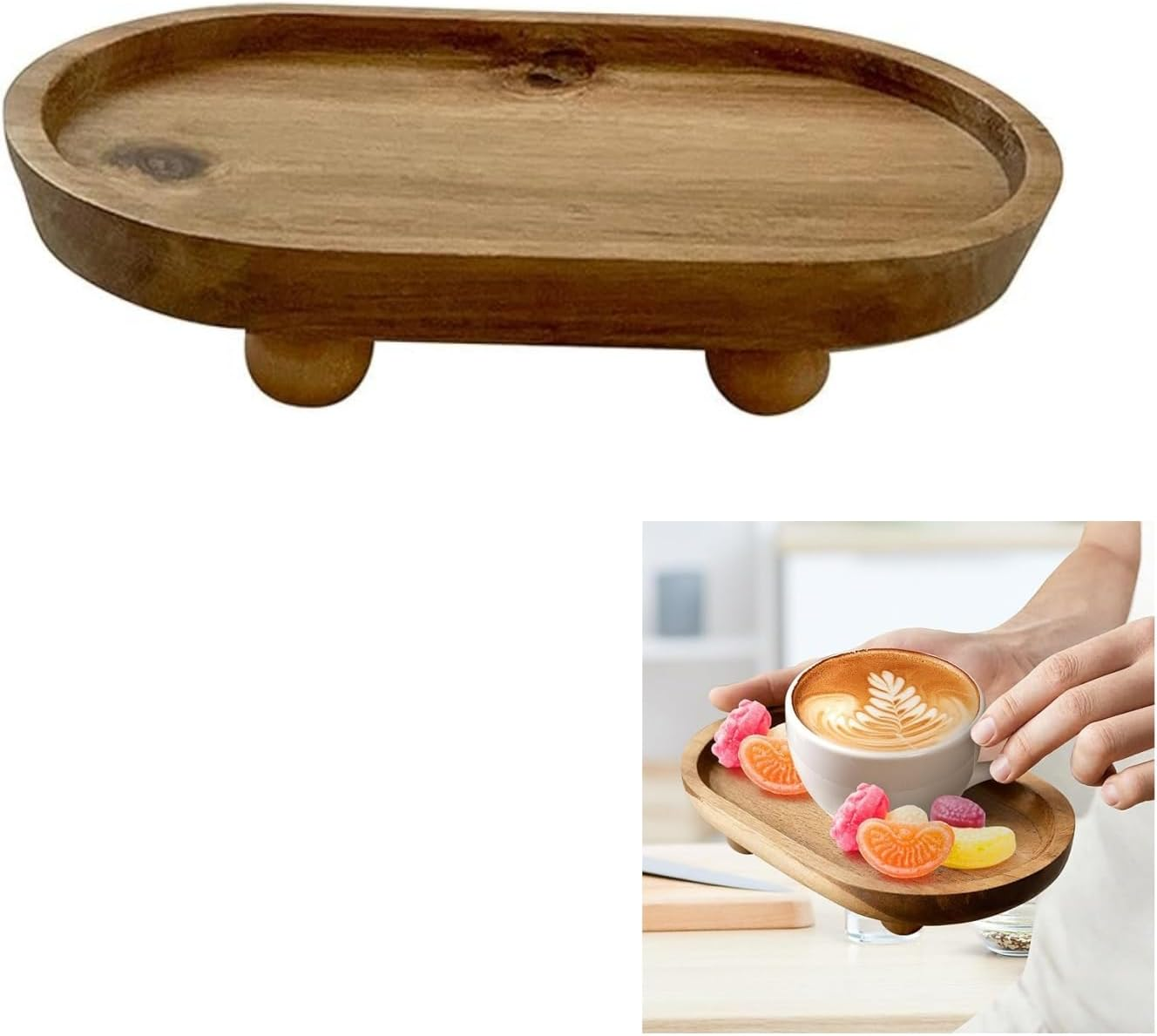 Mini Wooden Riser for Display, Wood Pedestal Stand for Farmhouse Tabletop Entry Table Centerpieces Decor, Decorative Tray for Candles Plants Bottles Soap Dispenser (Oval) image number 1