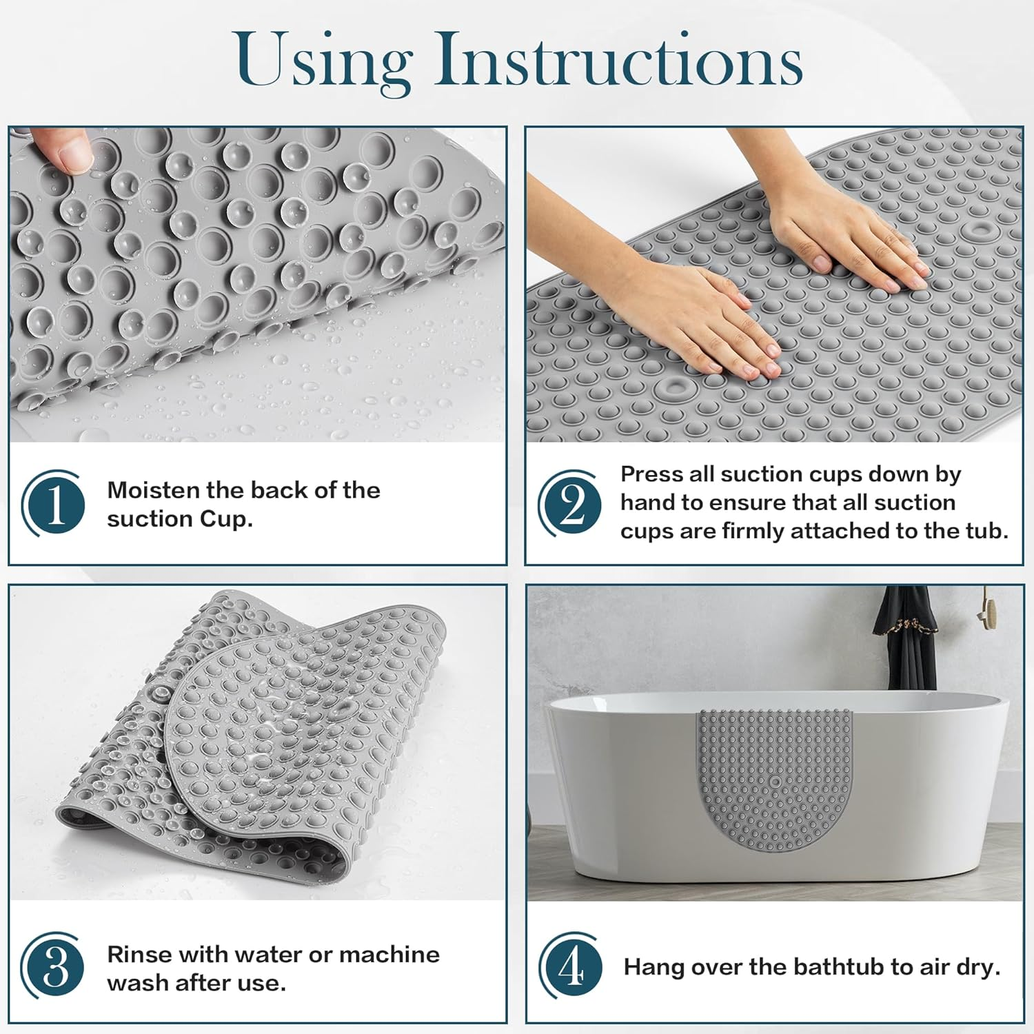 Joiyota Silicone Bath Mat for Tub Non Slip, Bubble Massage anti Slip Shower Mat with 27 X 15 Inches for Easy Storage, Washable Bathtub Floor Mats for All Ages, Grey, Oval - Rainbow image number 7