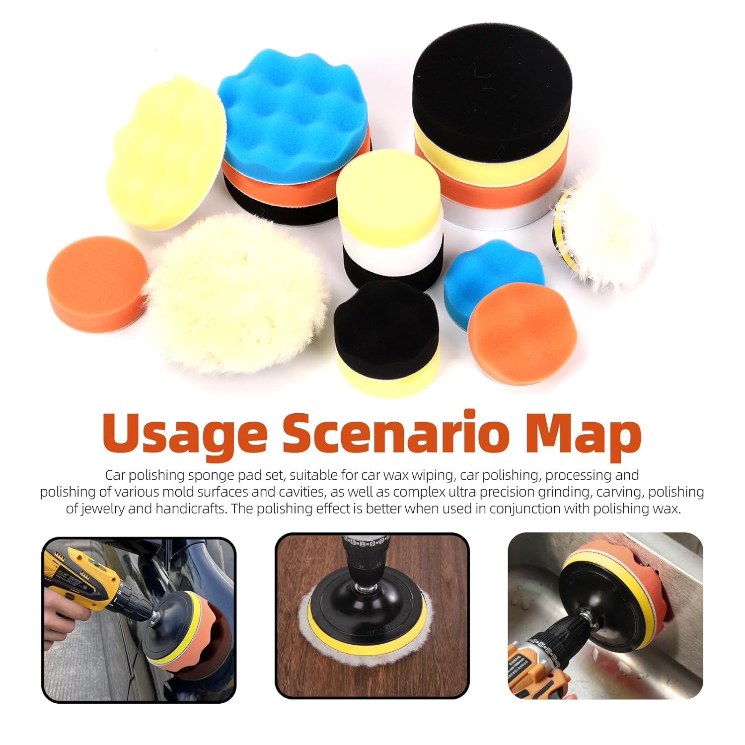 Tanstic 26Pcs 3" 5" Car Foam Drill Polishing Pad Kit, Buffing and Polishing Pad Kit Including Flat and Wave Foam Polish Pads Sponge Buffing Pads Woolen Buffer Pads Drill Adapter Buffing Wheels image number 2