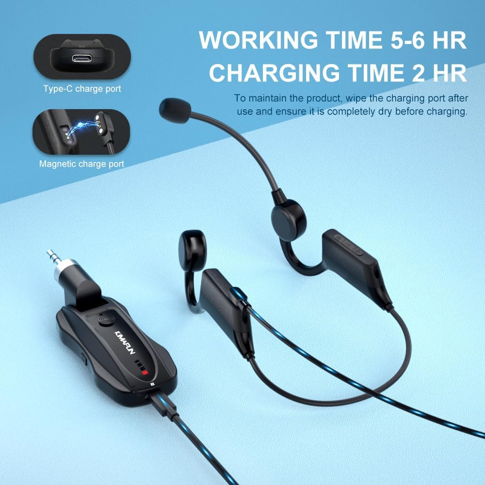 KIMAFUN 2.4G Fitness Headset Wireless Microphone, IP67 Waterproof Sweatproof Microphone for Water Aerobics, Swimming Coach, Fitness Instructor, Yoga, Spinning, Training, Teaching, Speakers, GWP91 image number 4