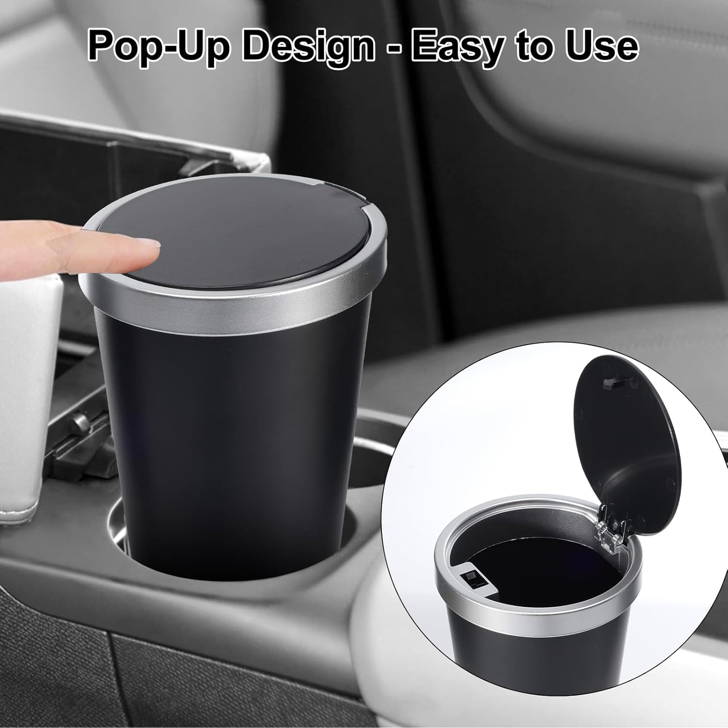 Car Trash Can with Lid, Small Automatic Rebound Portable Trash Bin, Diamond Look Dustbin Organizer for Car Office Home (Silver Black) - Black image number 2