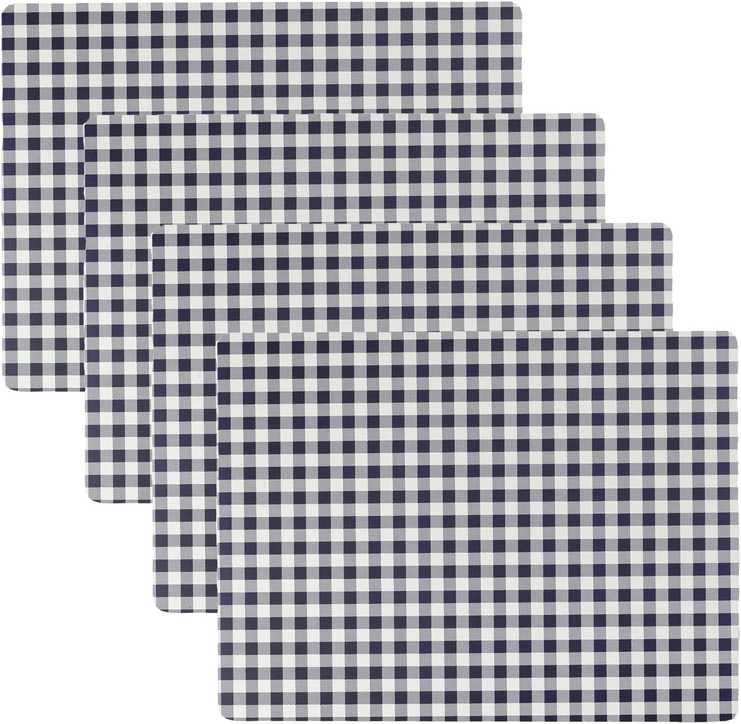 Benson Mills Cork Placemats Set of 4, Thick Cork Place Mats for Kitchen and Dining Tables, Easy Clean Table Mats (12" X 16" Rectangular Set of 4, Gingham Check Navy)