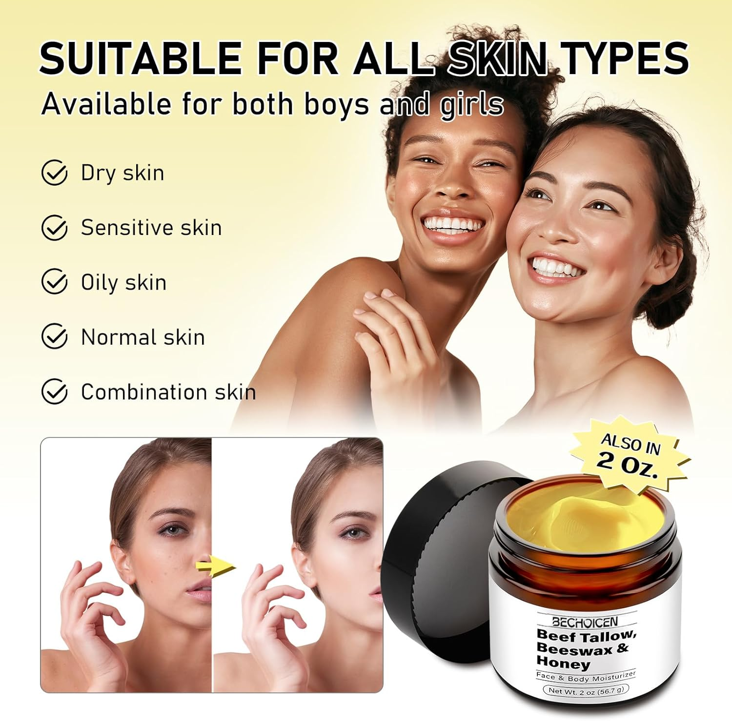 Beef Tallow and Honey Balm,Tallow Balm for Face & Body,Grass Fed Beef Tallow Moisturizer with Tallow,Beeswax & Honey,Moisturizes & Repairs Dry Skin,2 Oz image number 3