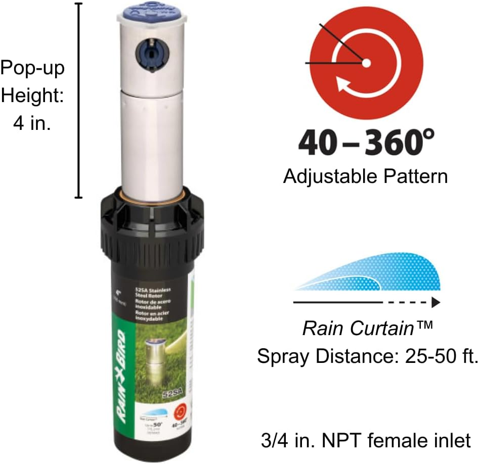 Rain Bird 52SA Simple Adjust Stainless-Steel Gear Drive Rotor, Adjustable 40&deg; - 360&deg; Pattern, 25' - 50' Spray Distance image number 1