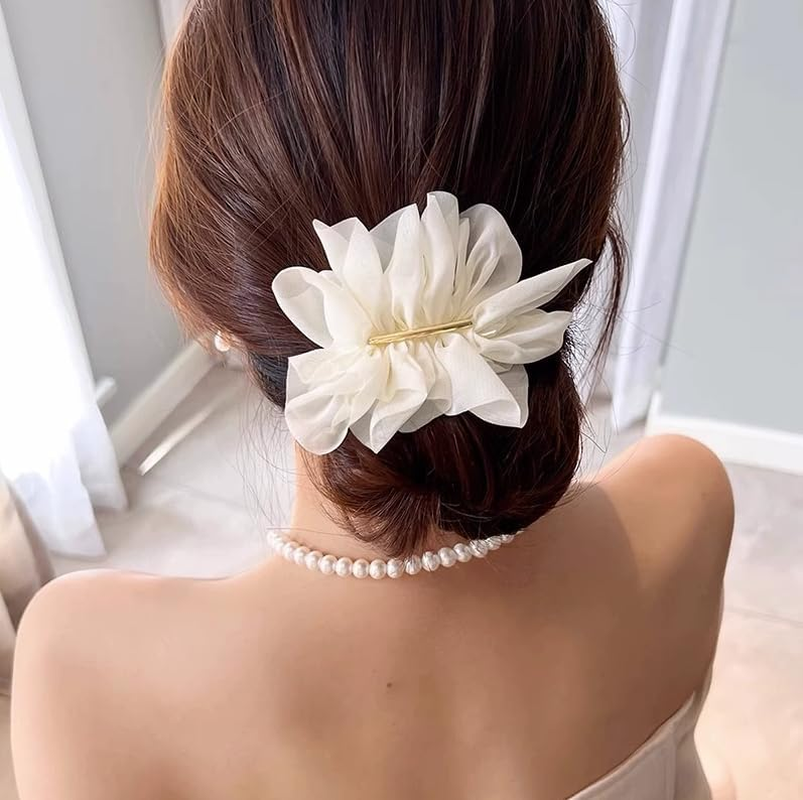 2Pcs Chiffon Flower Hair Clips Flower Hair Barrettes Hair Accessories for Women Girls Wedding Party(Black+White) image number 2