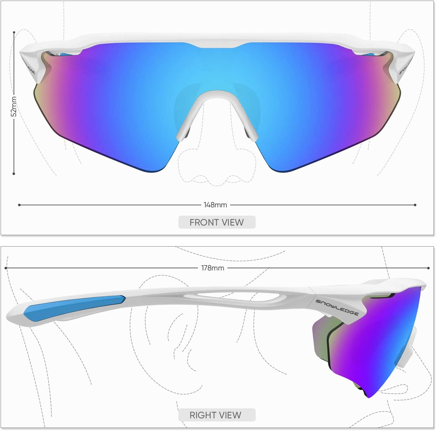 SNOWLEDGE Cycling Glasses for Men Women Teenager with 1/3/5, Polarized or Photochromic Lenses, UV Protection Sports Sunglasses for Bycle, Running, Fishing image number 3
