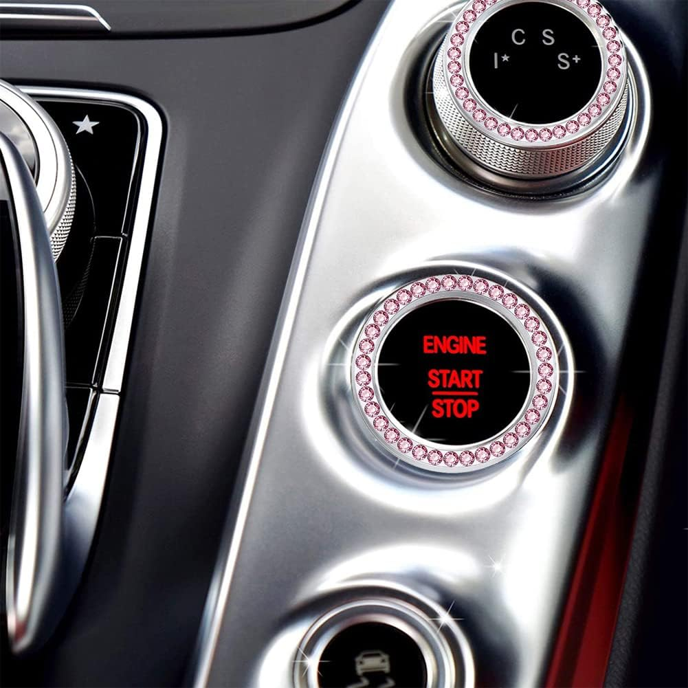 4PCS Sets Pink Bling Car Cup Holder Coasters for Car & Shiny Pink Push to Start Button Cover Key Ignition Ring Universal Auto Cute Pink Car Accessories Interior Decor for Women - Blue image number 4