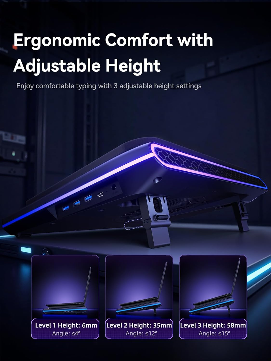 Llano V12 Ultra Laptop Cooling Pad with Smart Software Control, RGB Gaming Laptop Fan Cooler Stand, 5.5" Turbo Fan, Adjustable Speed, 3*USB 3.0 Ports, 3 Height Stands, for 15.6"-19" Laptops, Black image number 6