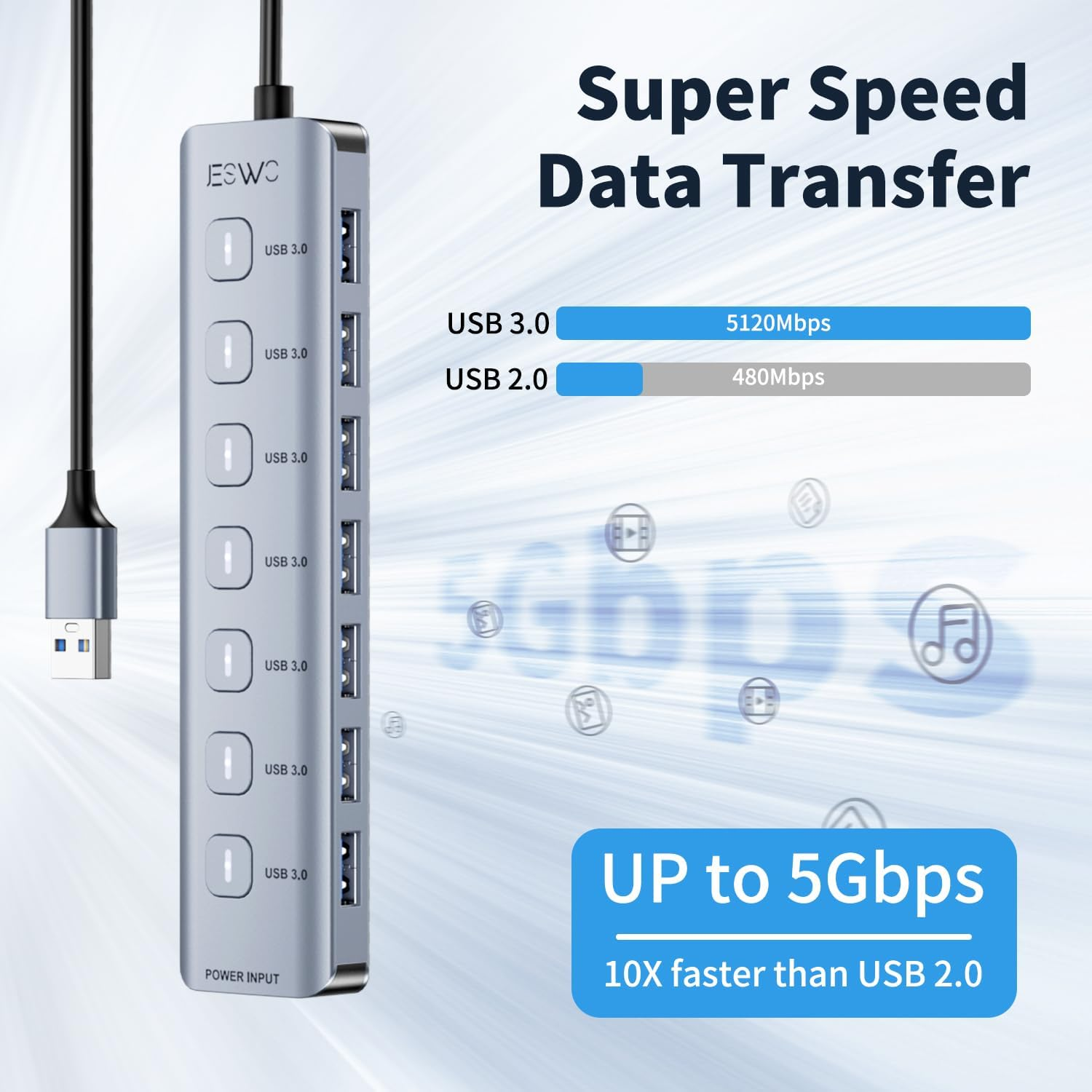 7-Port USB 3.0 Hub &mdash; Aluminum Alloy 7X USB-A Ports with Independent On/Off Switches & LED Indicators, 5Gbps High-Speed, 1M Cable, Plug & Play for Laptop Desktop Mac Windows