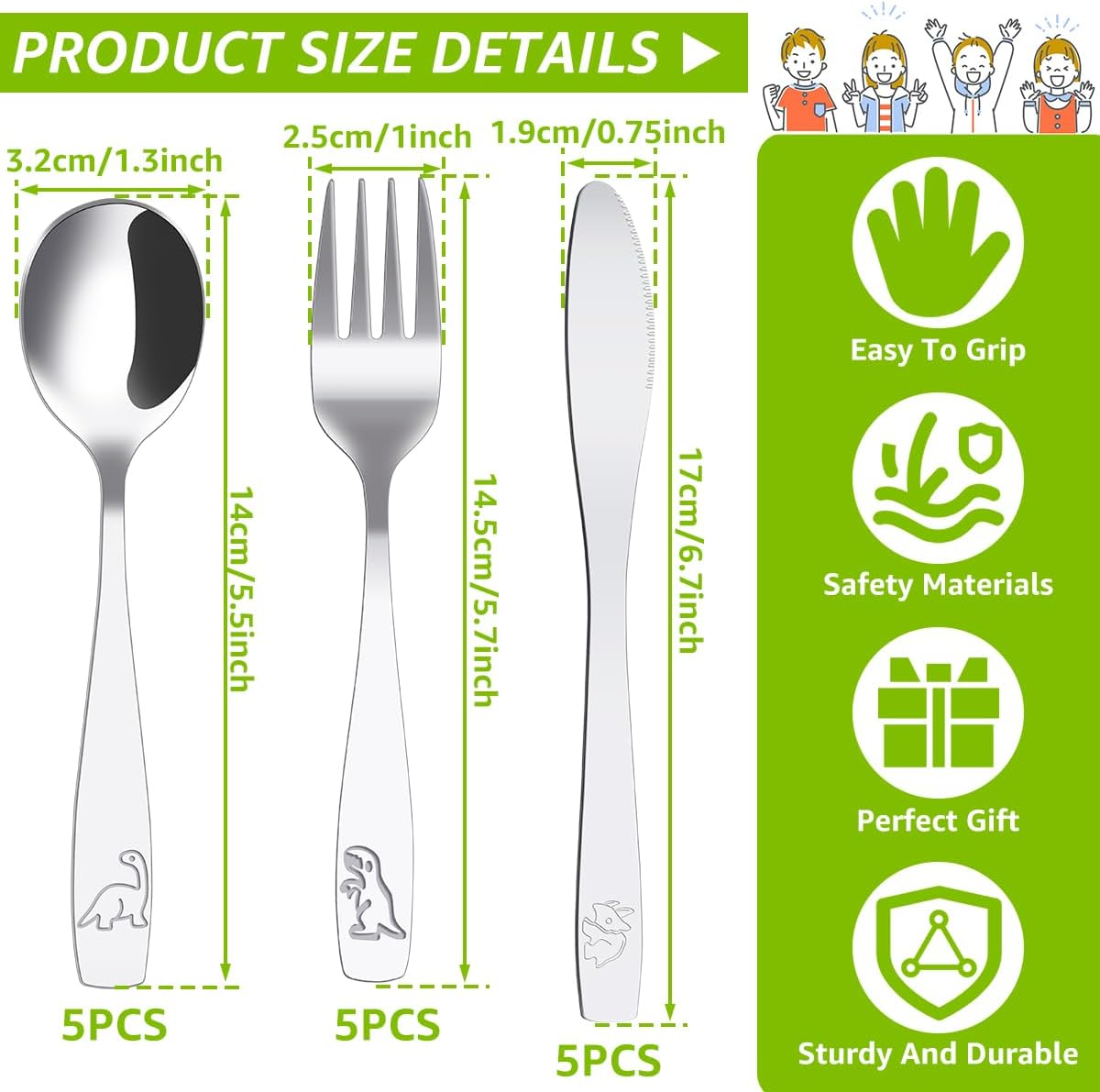 15Pcs Kids Silverware Set Fork Knife and Spoon Set 410 Stainless Steel Toddler Utensils Ergonomic Smooth Kids Cutlery Flatware Funny Dinosaur Dishwasher Safe for Children Toddler image number 2