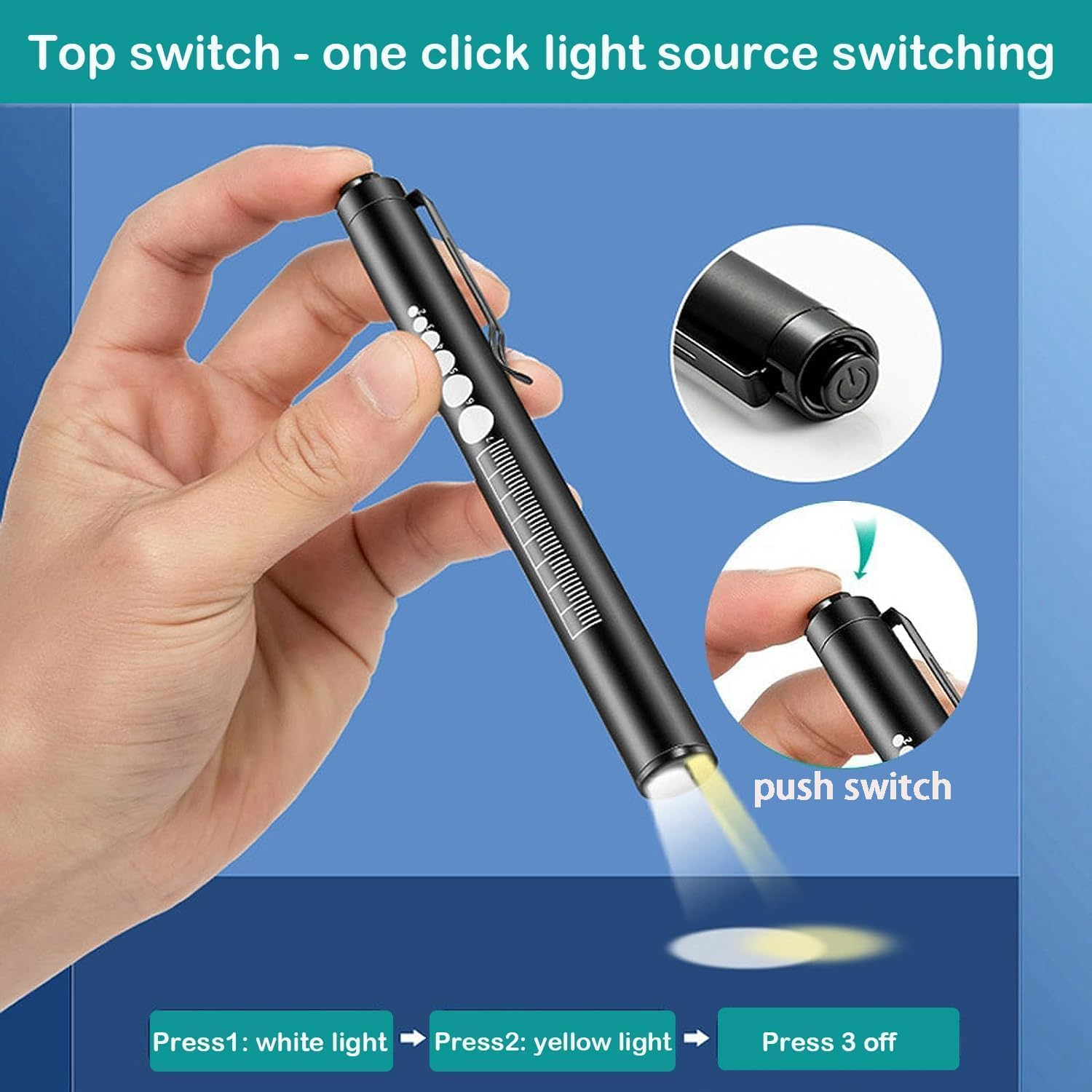 KEWAYO Pen Light, Reusable LED for with Pen Lights with Pupil Gauge & Ruler, USB Rechargeable, Extra Warm Light Bulb, Pocket Clip (Black)