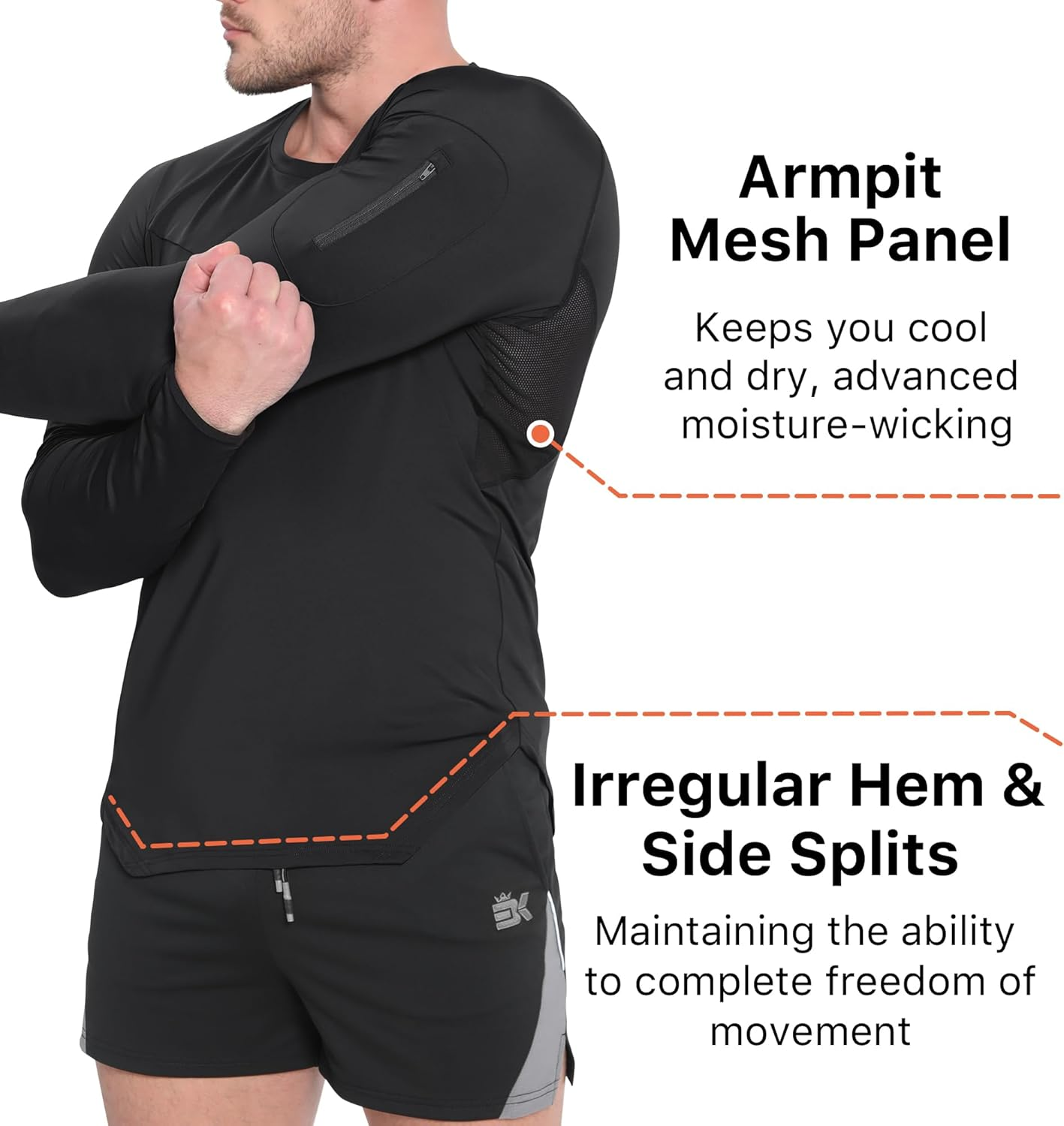 BROKIG Mens Armzip Long Sleeve Gym Tshirts, Quick Dry Workout Compression Shirts Lightweight Running Sports Top with Zip Pocket