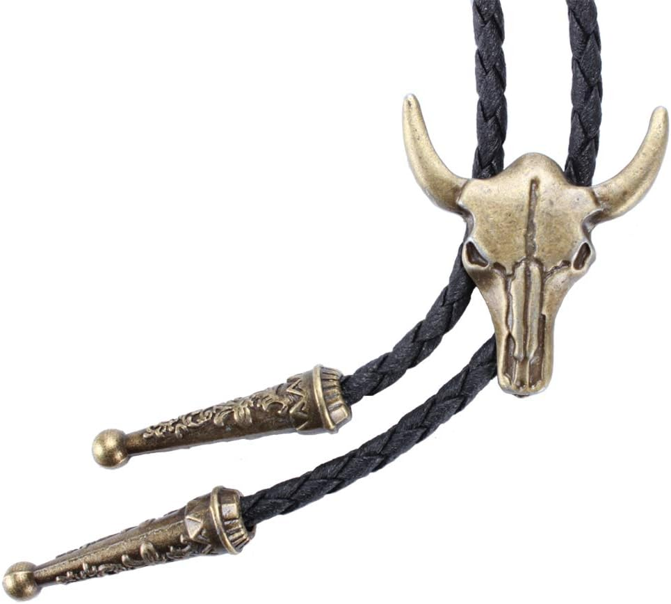 Western Vintage Bolo Tie for Men - Cow Skull Design Cowboy Tie - Black Leather Bolo Necktie Necklace