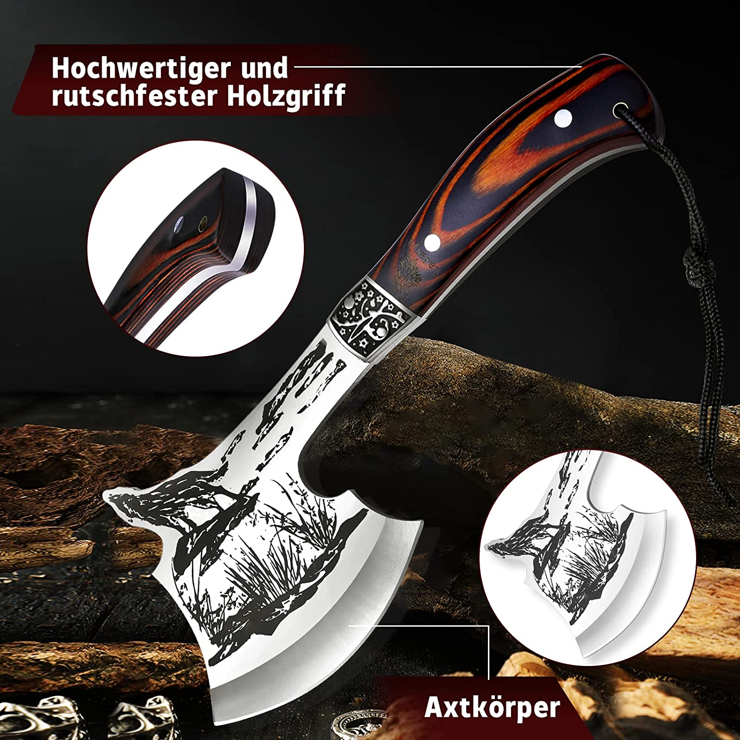 Survival Axe，Multitool Axe Set, Large Camping Axe with Hammer Whistle Compass Sheath Knife, 8 in 1 with Survival Hammer, Mutifunctional Survival Equipment for Hiking,Hunting,Camping, Bushcrafting