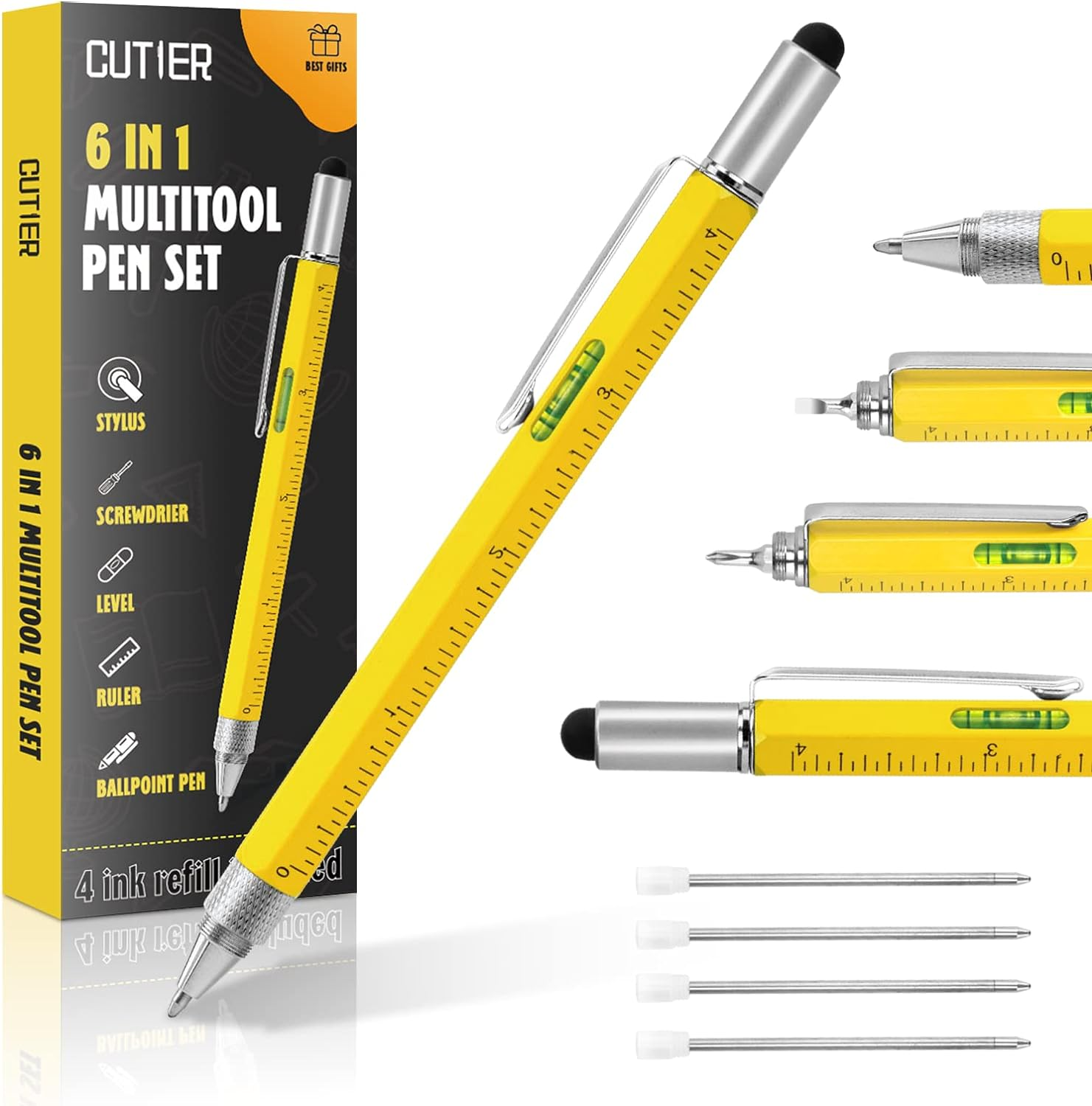 Cool Pen Gifts for Men, Cutier 6-In-1 Multi Tool Tech Pen Gadgets Tools for Men, Personalized or Him, Funny Christmas, Father'S Day Valentines or Birthdays Gifts (Yellow)