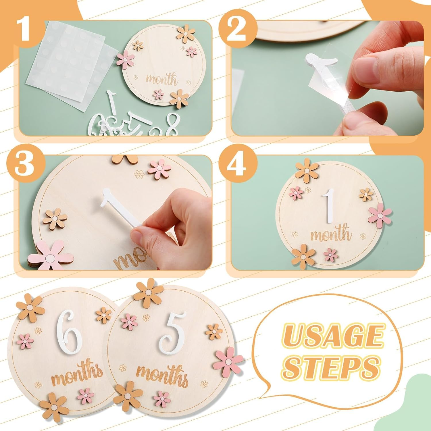 Baby Monthly Milestone Cards with 11 Interchangeable Number Set of 12 for Baby Growth Recording Daisy Wooden Bohemian Milestone Blocks Baby Months Signs Baby Boy Baby Girl Photo Props (Lovely) image number 5