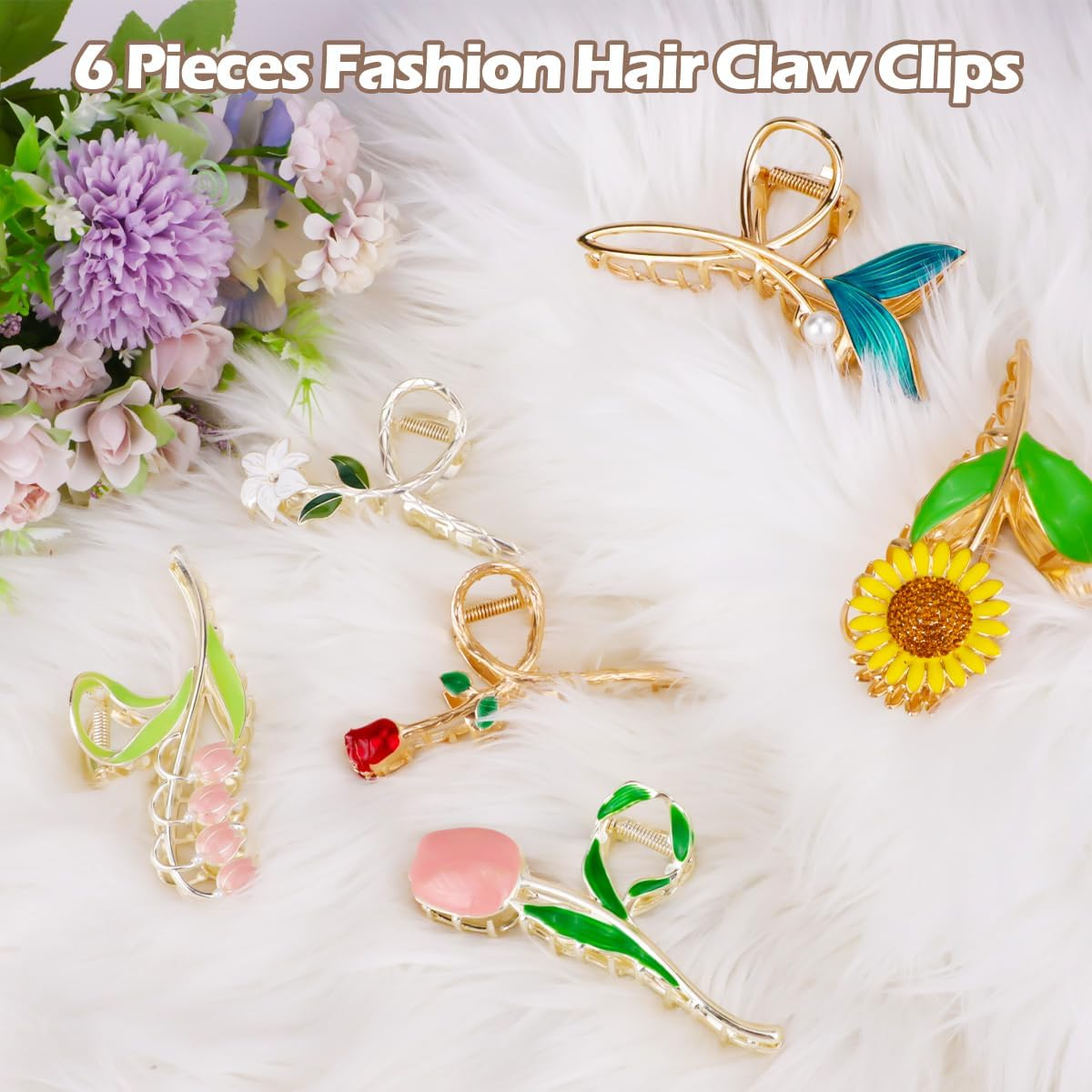 6 X Metal Hair Claw Clips, HAOTIAN-X Gold Cute Hair Claw, Large Sunflower Tulip Hold Hair Pine, Floral Non-Slip Hair Clips Hold Clips, Fashion Hair Catching Clips Barrettes image number 4