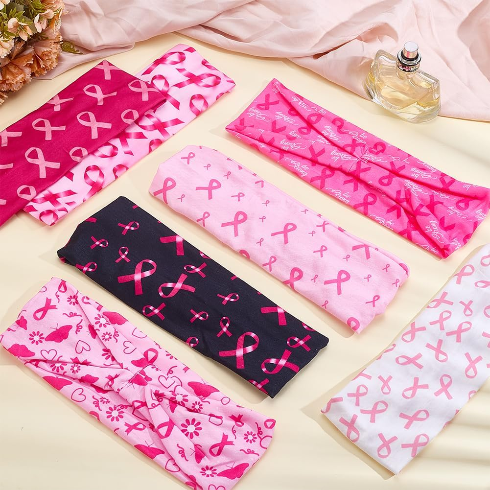 WEBEEDY 7 Styles Breast Cancer Awareness Headbands Pink Ribbon Headbands for Women Hair Bands with Wide Elastic Band to Support Breast Cancer Prevention during Yoga and Running image number 4