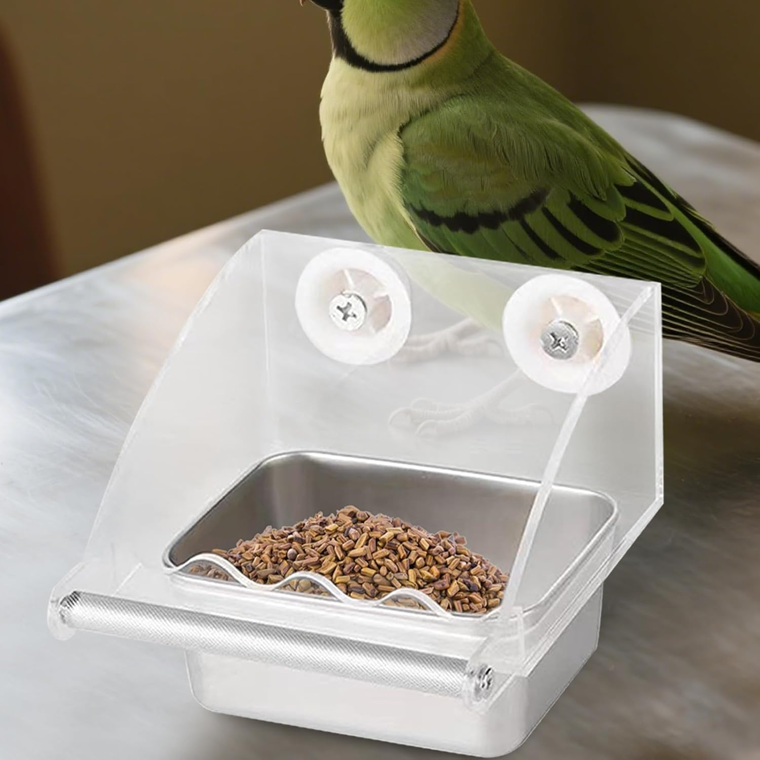 Parakeet Feeder - Clear Bird Feeder inside Cage | with Anti-Slip Bracket Stainless Bowl for Hummingbird Lovebirds Parrots Indoor Garden image number 5
