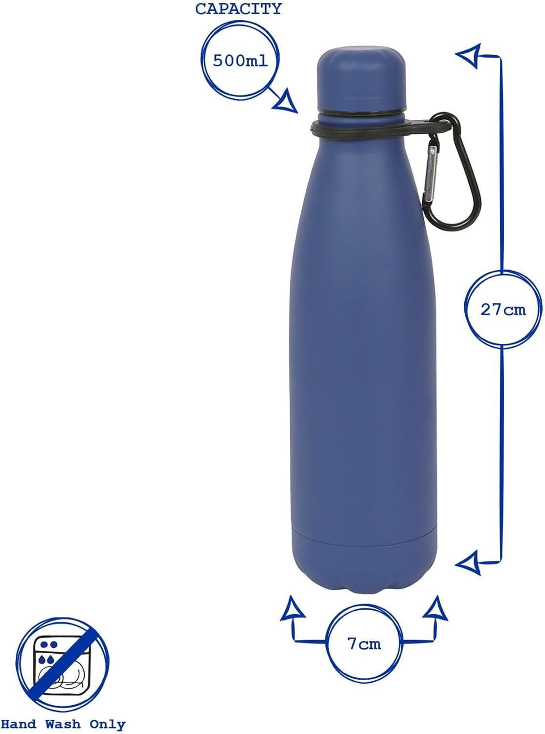 Harbour Housewares Stainless Steel Water Bottle with Carabiner Clip - 500Ml - Matt Blue - 1X Metal Cold Drink Drinking Vacuum Drinks Flask with Leak Proof Lid for Adults & Kids Gym, Sports, Travel image number 2
