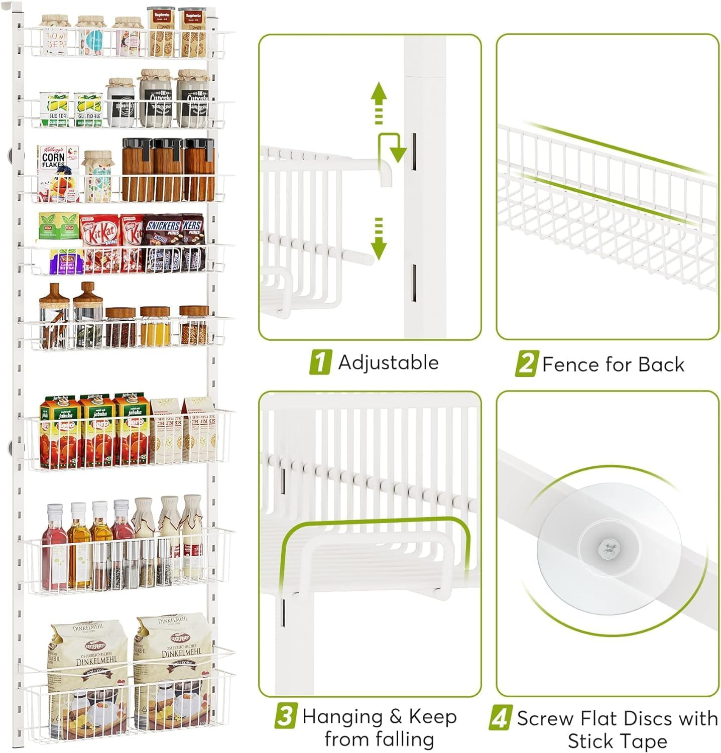 Over the Door Pantry Organizer, 8-Tier Pantry Storage with Adjustable Baskets, White Door Organization and Storage with Metal Frame, Space Saving Spice Rack for Kitchen Pantry(White) image number 4