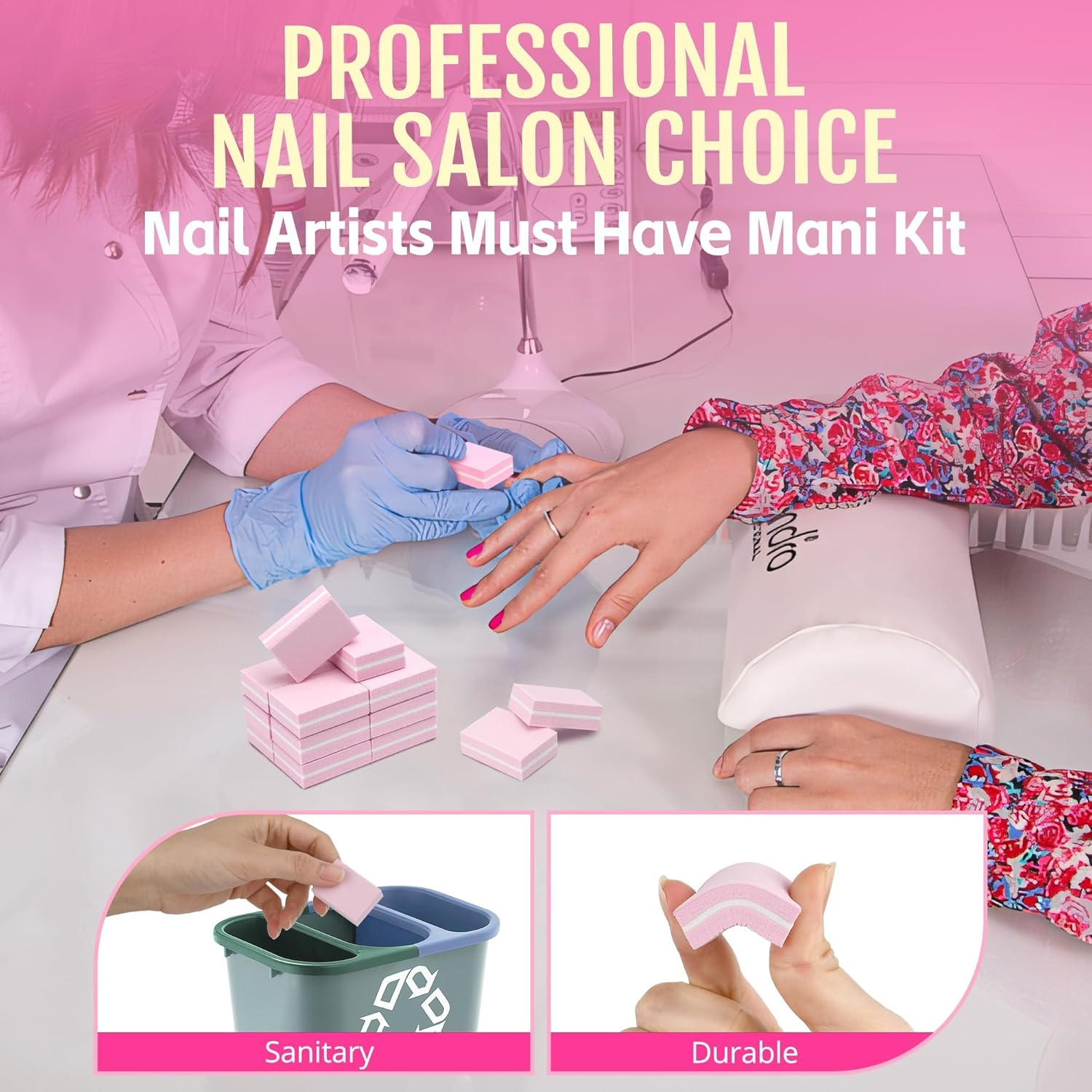 IKEEP Mini Nail Buffer Blocks, 100/180 Grit Sponge Buffing Sanding Block File for Natural Gel Acrylic Nails Manicure Tools Set 50 Pcs, Pink