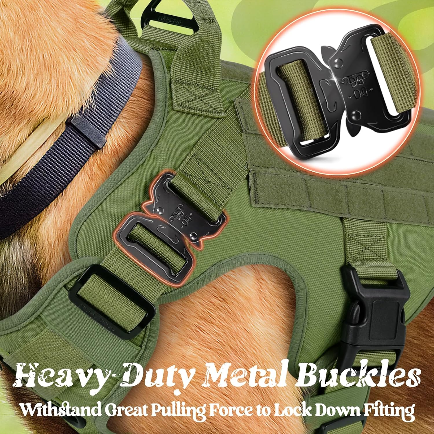 Rabbitgoo Tactical Dog Harness for Medium Dogs, Military Dog Harness with Handle, No-Pull Service Dog Vest with Molle & Loop Panels, Adjustable Dog Vest Harness for Training Hunting Walking, Green, M