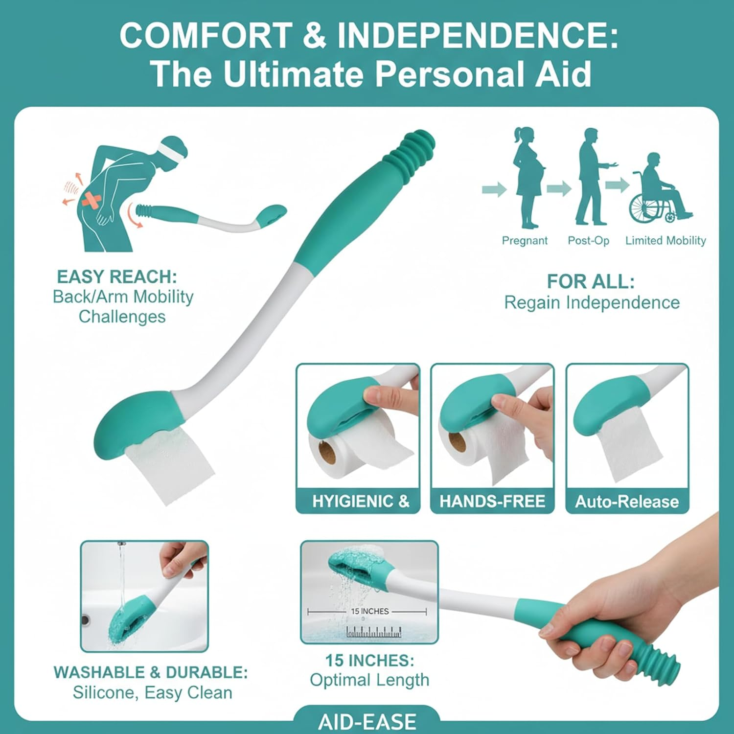 Toilet Aid Wiper Self Assist Bathroom Bottom Butt Wipe Helper Wand Long Reach Comfort Wipe Tool Paper Tissue for Pregnant after Surgery Seniors Arm Handicap Bariatric image number 6