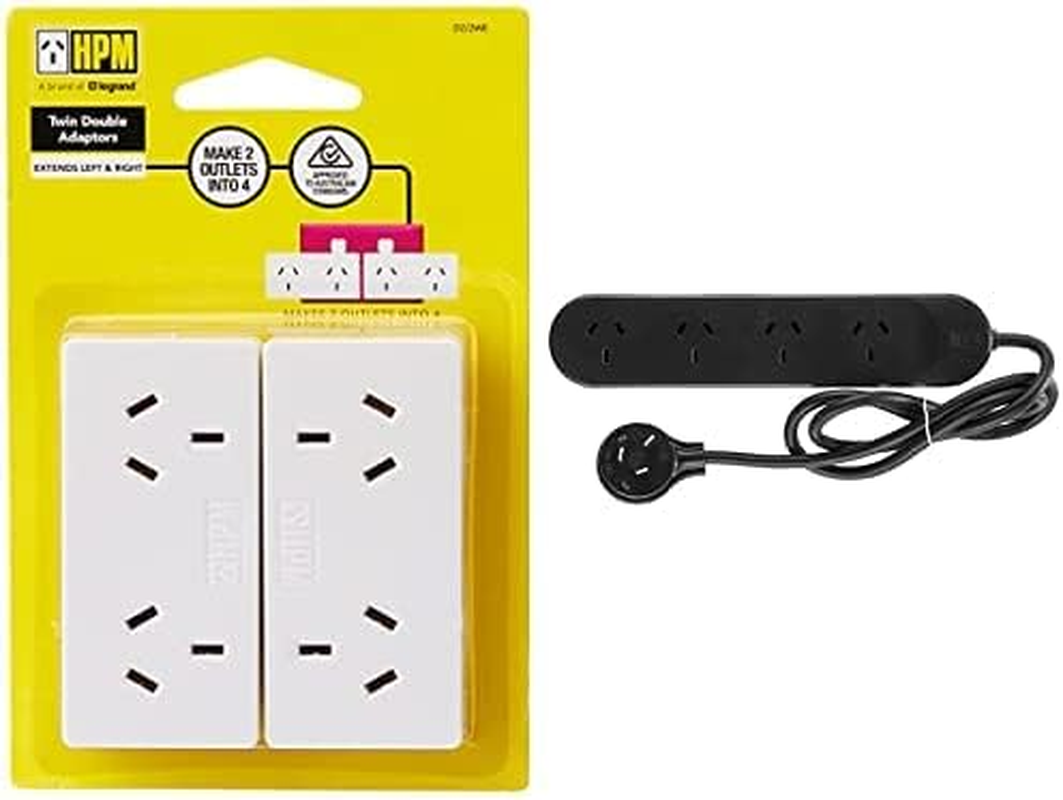 HPM D2/2WE Left and Right Extend 10A 2400W Double Adaptor 2-Pieces, White + Standard 4 Outlet Powerboard Black