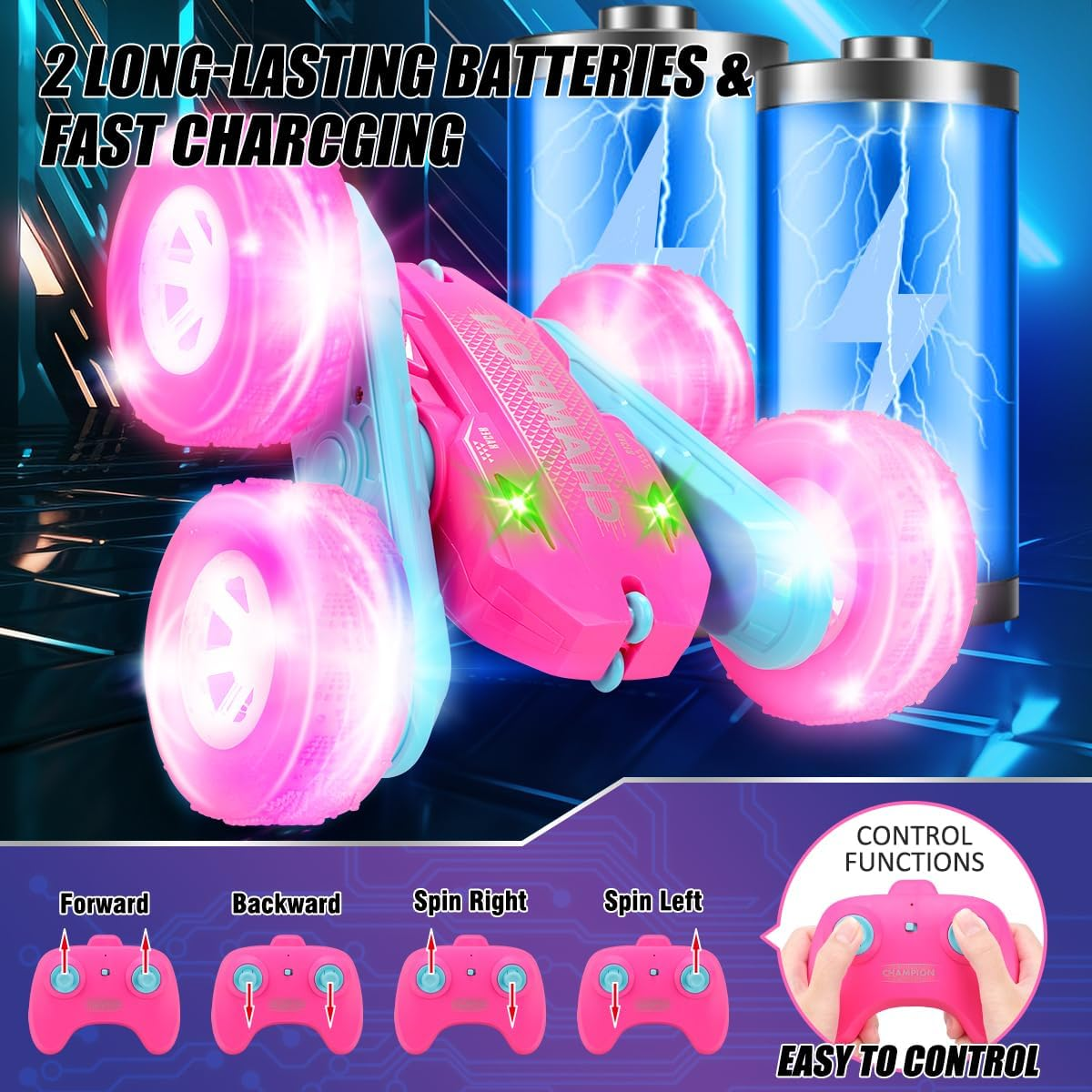 Kaekid Remote Control Car, Double Sided RC Stunt Car with LED Lights, Indoor/Outdoor All Terrain Rechargeable 4WD off Road RC Car, RC Race Toys for Kids Boys Girls 6-12 Year Old image number 4