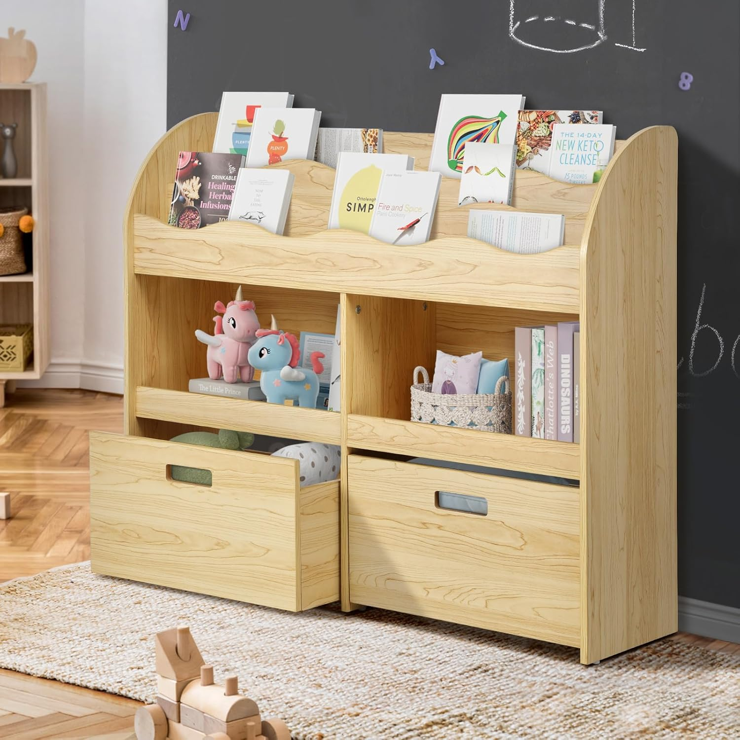 Oikiture Kids Storage Children Bookshelf Toy Storage Natural image number 2