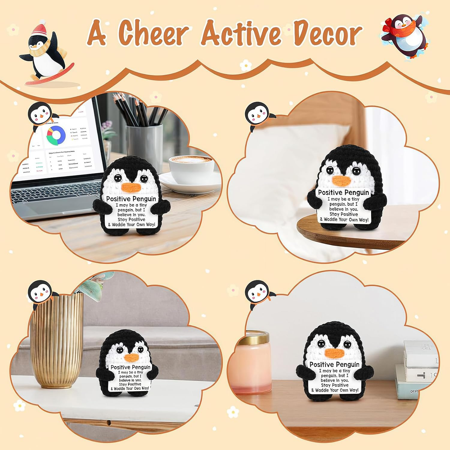 Positive Penguin Funny Gifts,Mini Funny Positive Crochet Penguin,Desk Decoration Crochet Birthday Gifts for Mom Best Friend Coworkers Teens Inspirational Support for Graduation Appreciation Cute Decor image number 3