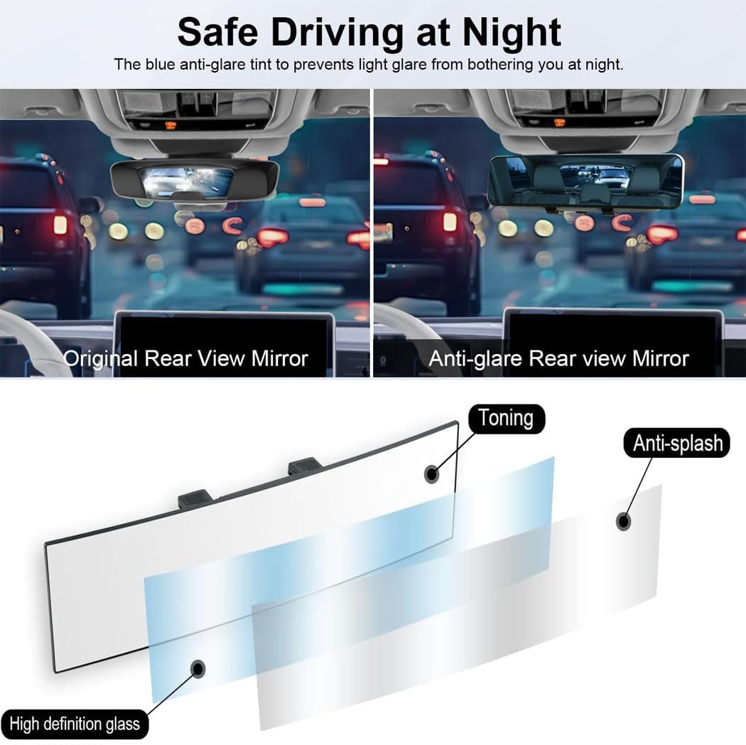 Rear View Mirror, Universal 11.4 Inch Interior Clip on Panoramic Convex Mirrors, HD anti Glare Wide Angle and Reduce Blind Spots, Extended Rear View Mirror for Cars, Suvs, Trucks, Vehicles