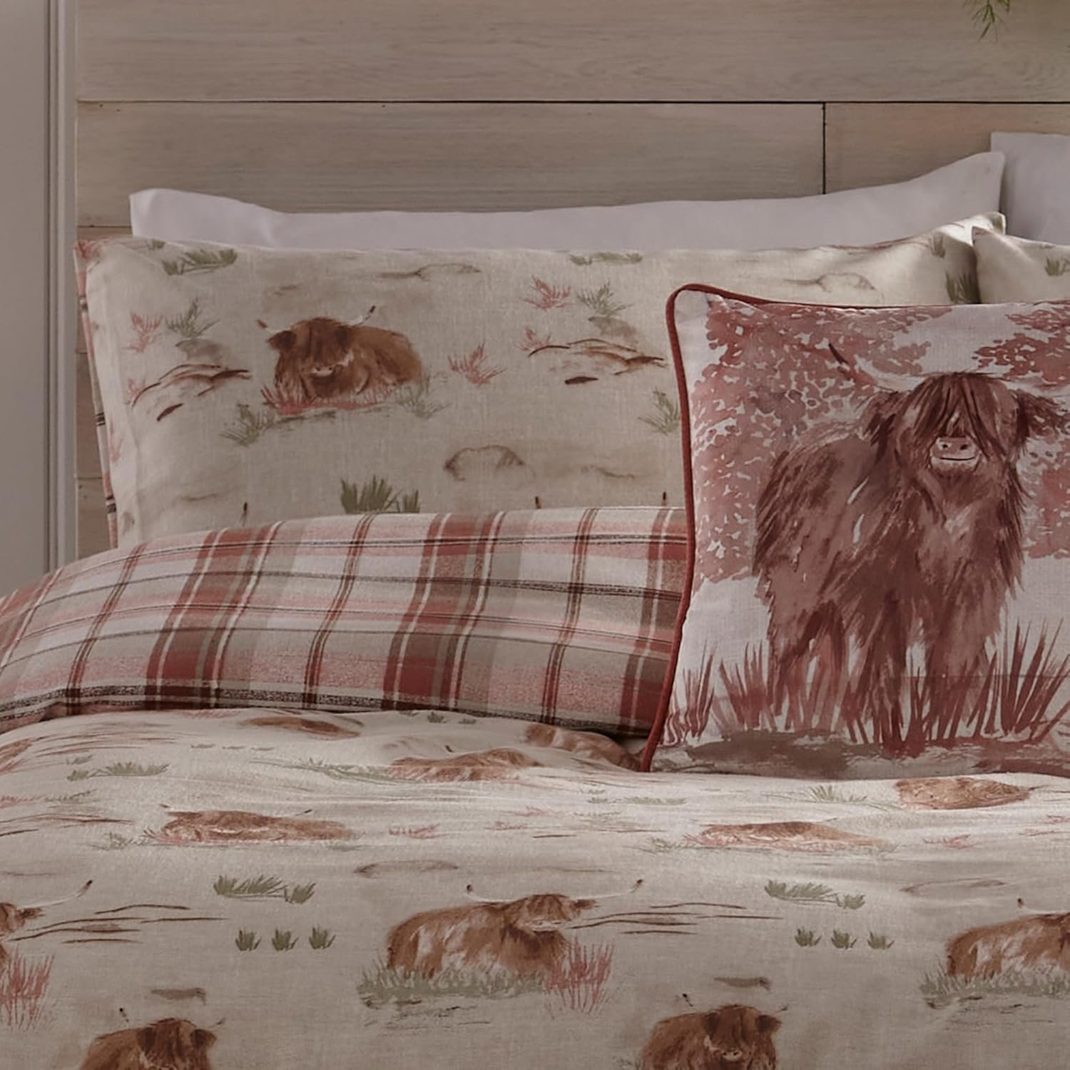 Dreams & Drapes - Highland Cow Duvet Cover - King Bedding Size (230 X 220Cm) - Soft 100% Brushed Cotton - Red Checkered Bedding with Cows - Highland Cow Bedding in Red Terracotta - Woodland Bedding image number 2