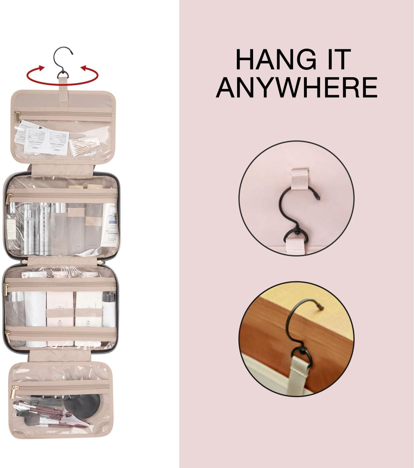 BAGSMART Toiletry Bag Travel Bag with Hanging Hook, Water-Resistant Makeup Cosmetic Bag Travel Organizer for Accessories, Shampoo, Full Sized Container, Toiletries, Pink Large image number 5