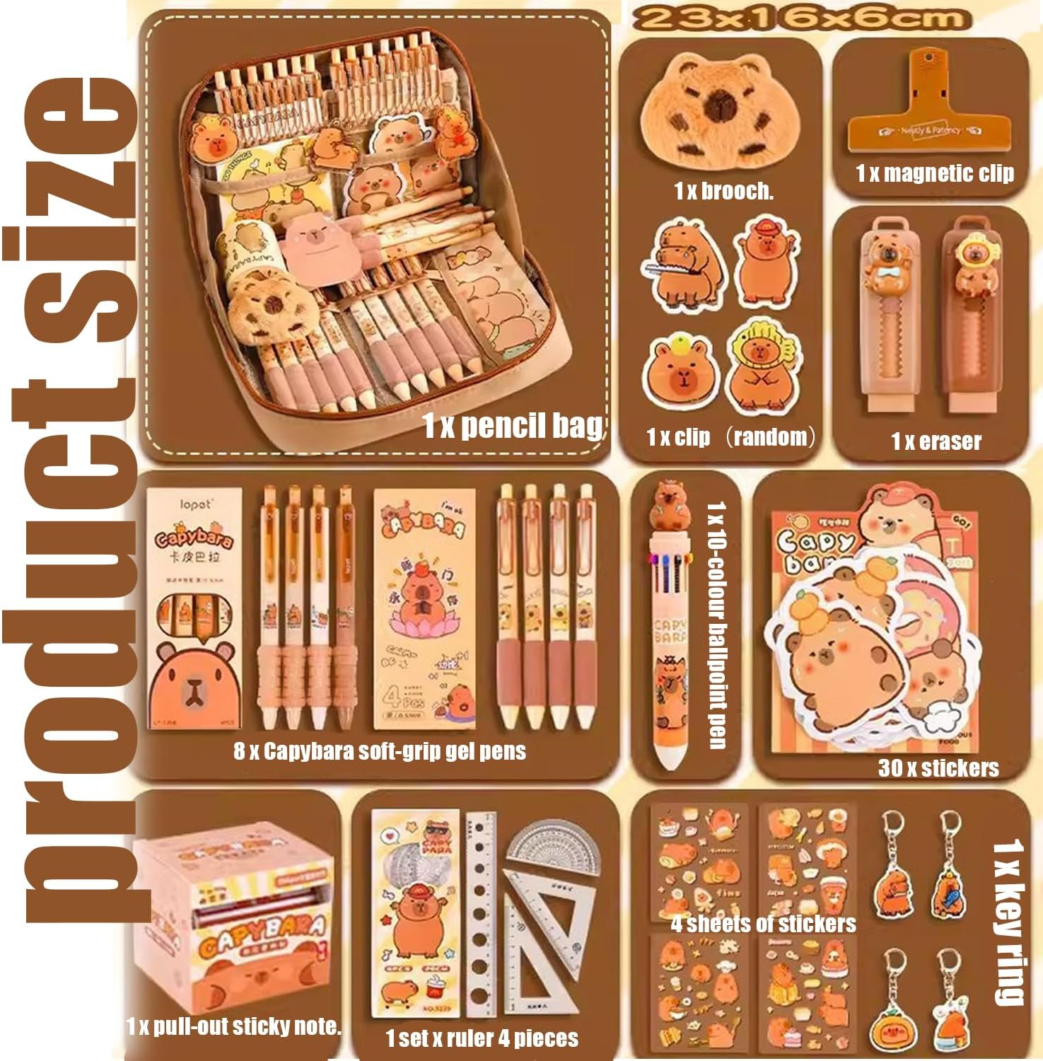 WEZCHUGHAOL Capybara Stationery Set, Cartoon Pencil Bag, Cute Pencil Case with Pens, Clips, Rulers and More, Wide Opening Pen Organiser image number 3