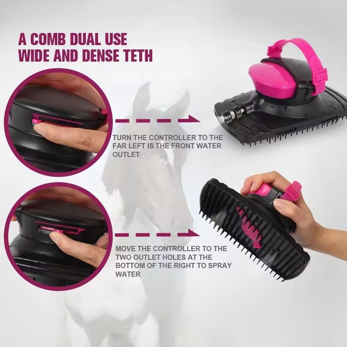 AIMALL Horse Bath Massage Brush with Water Spray Function 7.16X4.17X3.14In Grooming Tool for Equestrian Supplies Harness Cleaning Pet Washing Scrubber with Reservoir Strap