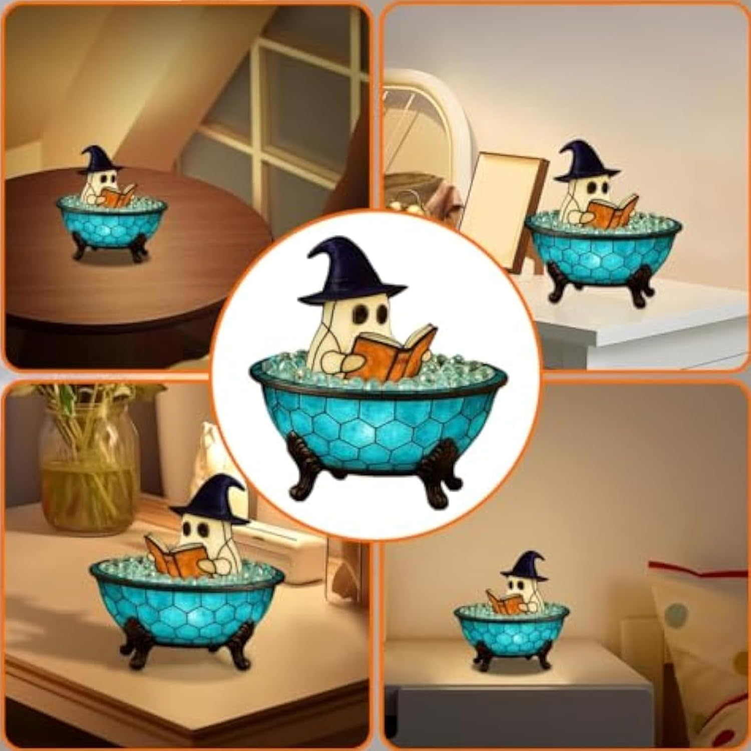 Ghost Reading Book Lamp, Handmade Ghost Bubble Bath Lamp, Halloween Night Light, Ghosts Campfire Nightlight, Ghosts-Themed Bathtub Accent Lamps for Halloween Party (A) image number 1