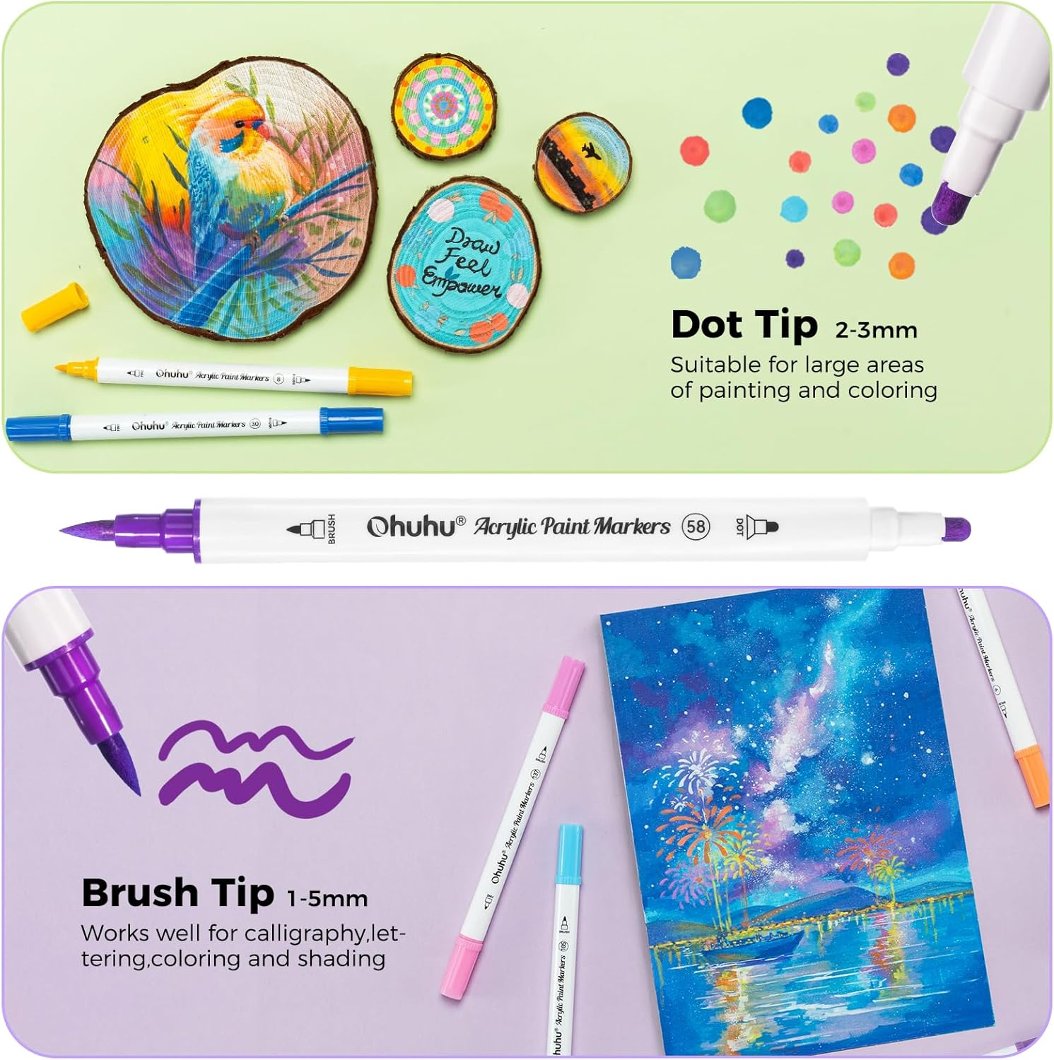 Ohuhu Acrylic Paint Markers Cotton-Core: 36 Colours Dual Tips (Brush & Dot) Paint Pens High Opacity Acrylic Markers Waterproof Lightfast for Rock Painting Easter Eggs Wood Glass Ceramic Canvas image number 4