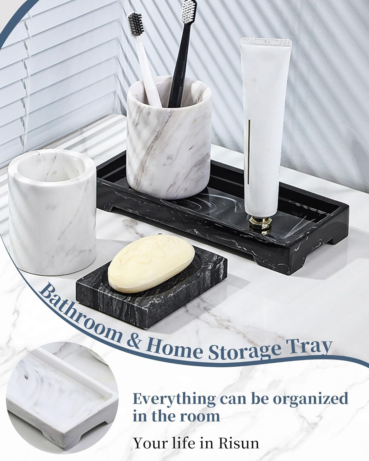 Marble Resin Bathroom Vanity Tray 11.22X 4.13 Inch Rectangle Black Organizer Tray for Soap Dispenser, Perfume, Jewelry, Toilet Tank & Kitchen Sink Storage Tray image number 5
