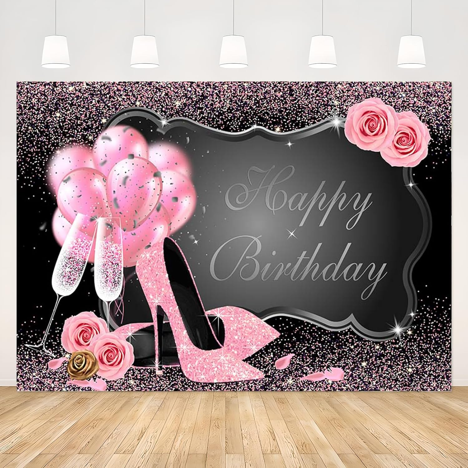 APROPHIC Girls Female Birthday Background Glitter Photo Photography Background Happy Birthday Party Banner High Heels Champagne Pink Balloon Decoration Cake Table Accessories 210 X 150 Cm image number 6