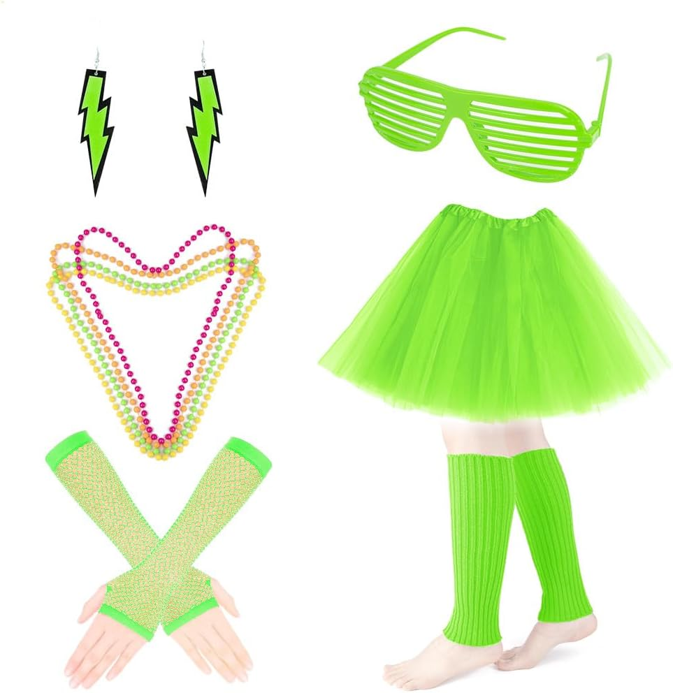 AUTOWT 80S Costumes for Women, 6 Packs 80S Accessories Set with Fishnet Gloves Earrings Necklaces Leg Warmers, Tutu Skirts for 1980S Theme Party Outfits - Pink image number 4