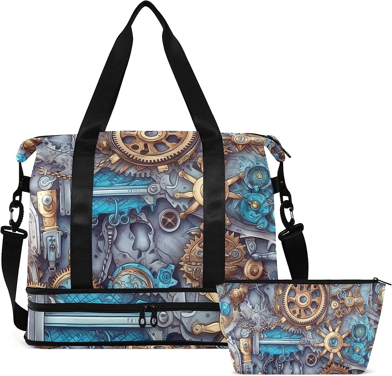AIXIWAWA Steampunk Gears Duffel Gym Bag and Toiletry Bag Set with Shoes Compartment Trolley Sleeve Removeable Strap for Workout Travel Gym, Blue, 17.32&times;8.66&times;15.55 In image number 4