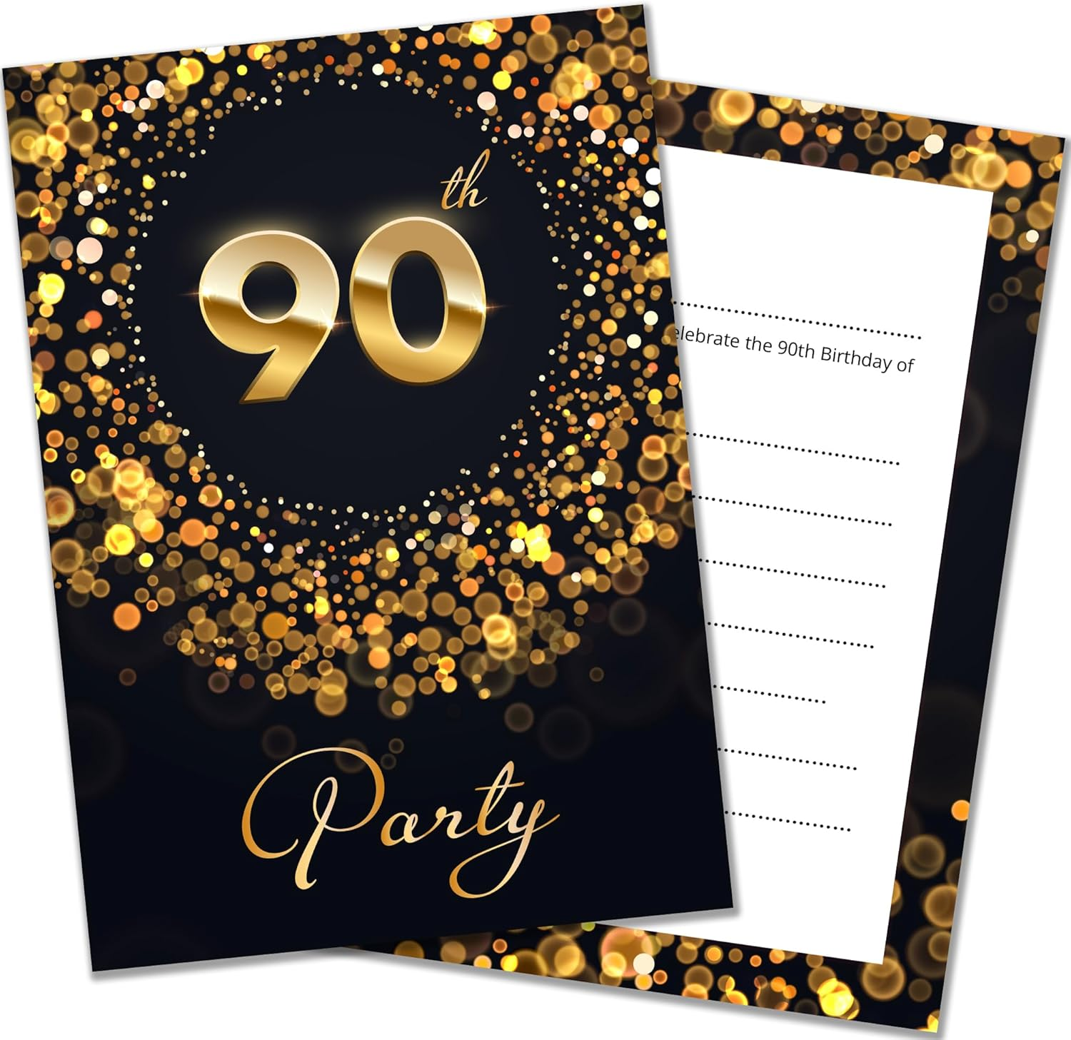 Olivia Samuel 20 X 90Th Birthday Party Invitations with Envelopes - Ready to Write - Black and Gold Effect - Designed and Printed in the UK image number 5