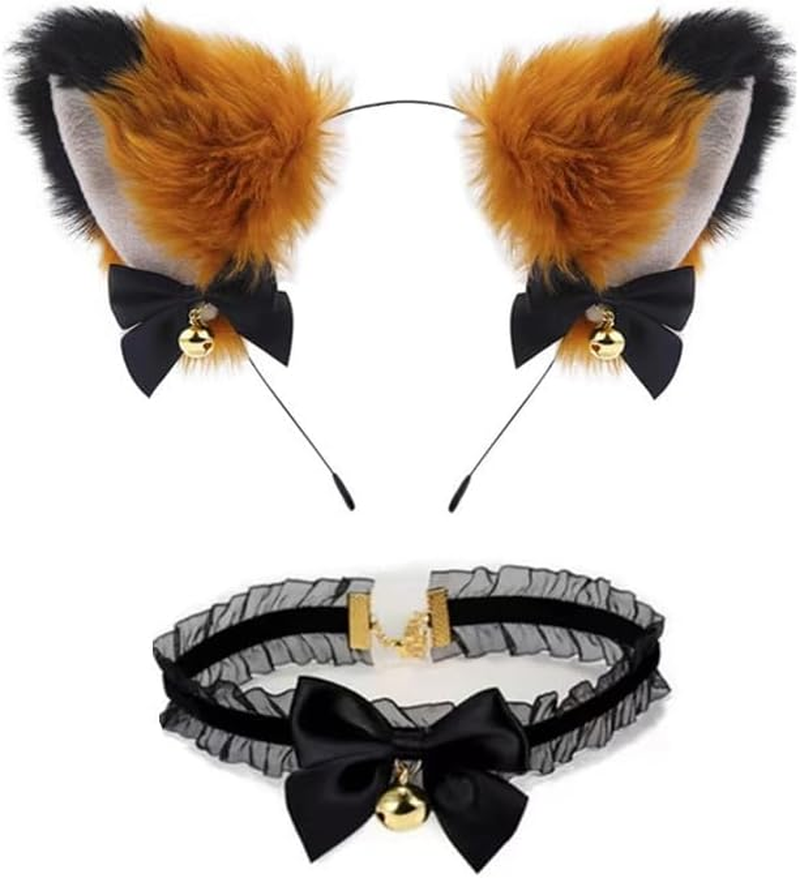 Fluffy Cat Ears Headband with Bell and Lace Choker Neckwear Cosplay Girl Plush Furry Cat Ears Headwear Accessory for Cam Girl Party Halloween Women Costume Accessory