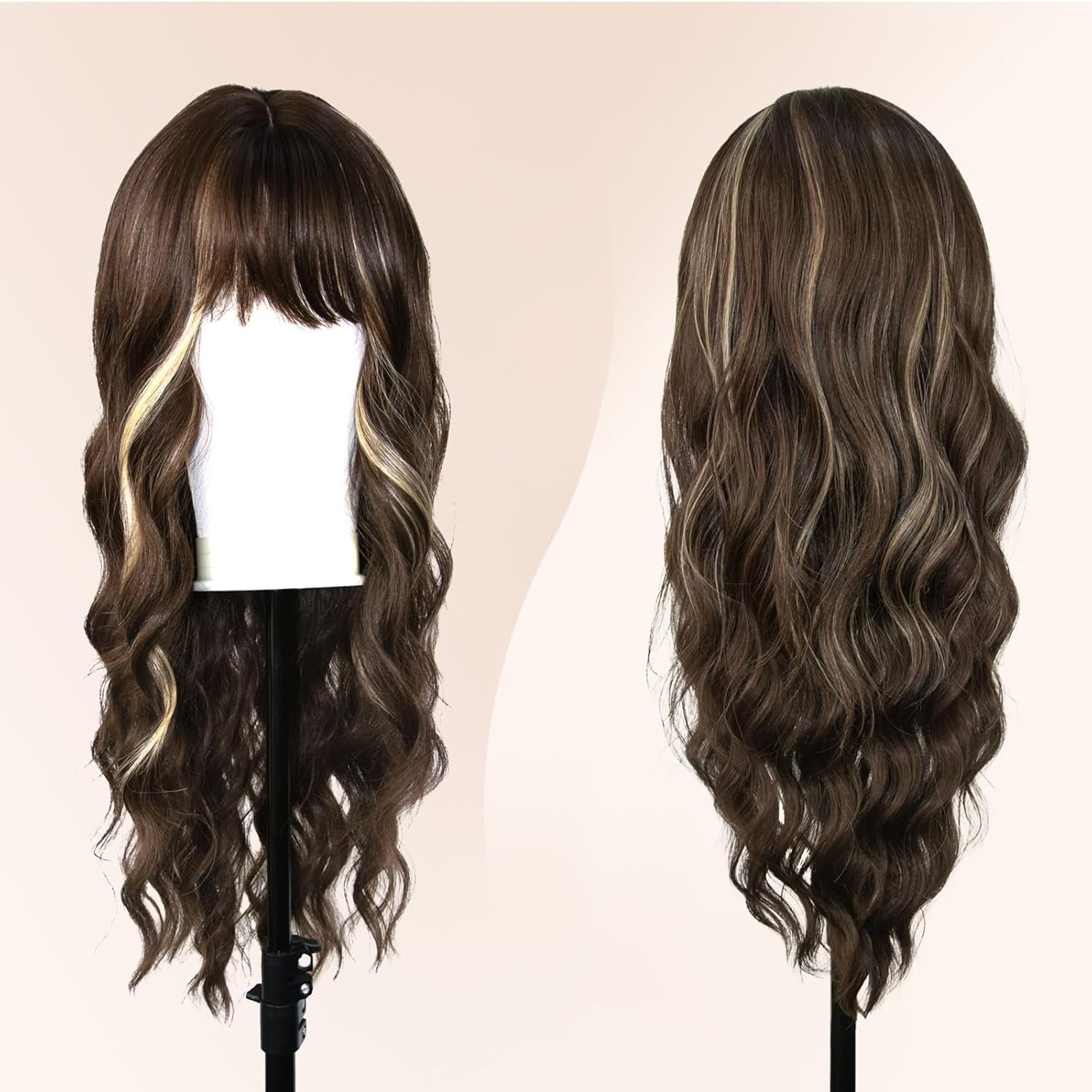 Bangs Wig, Long Synthetic Wig, Wave Wig, Adjustable Bangs Length, Role-Playing Wig, Natural Curly Hair Wig (Brown, 24 Inch) image number 4