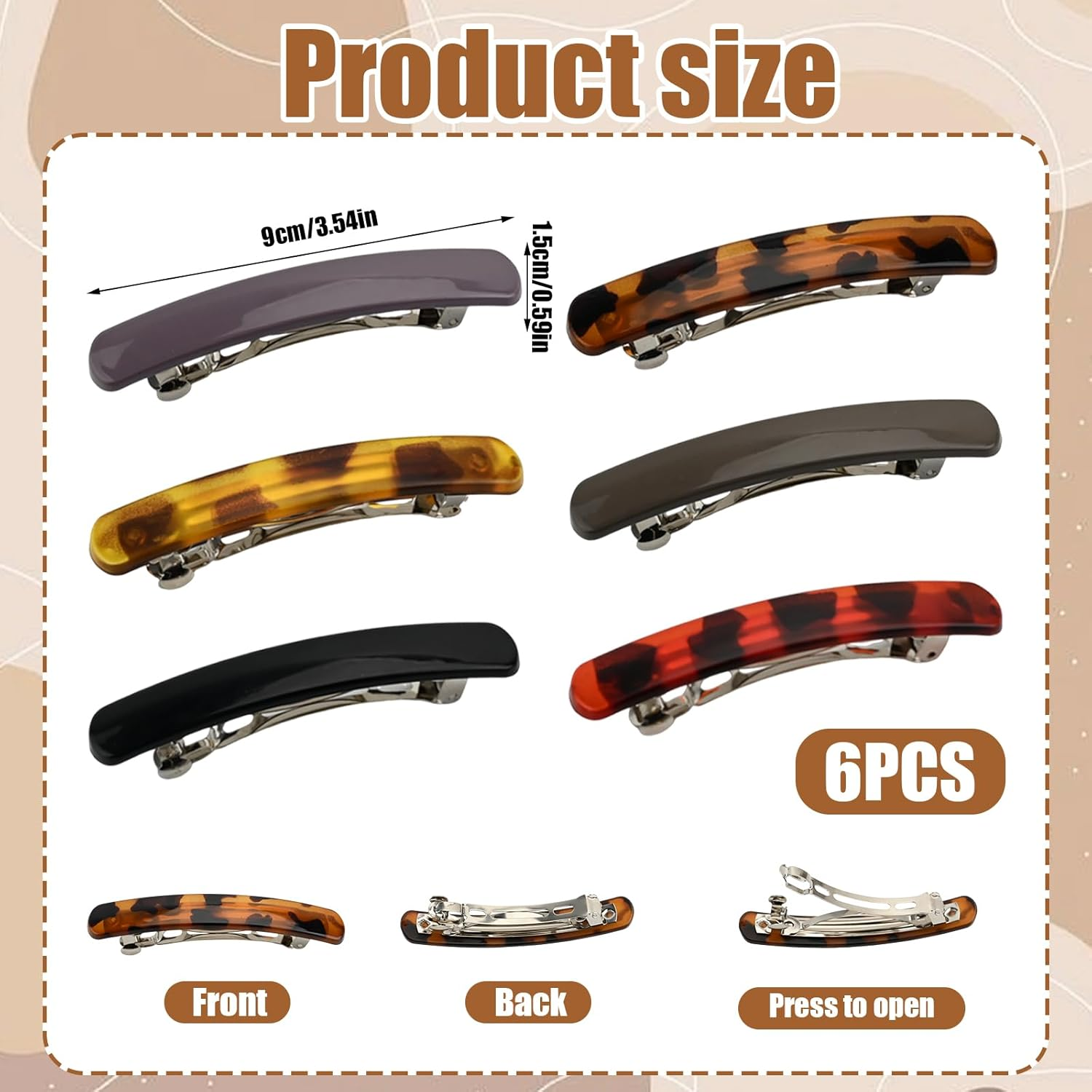 6 PCS Hair Clips Colored 9Cm/3.5" Barrette Tortoise Shell Acetate French Barrettes Hair Clips, Metal Snap-On Hair Pins No Hair Damage, Hair Styling Clips for Girls Women (B)